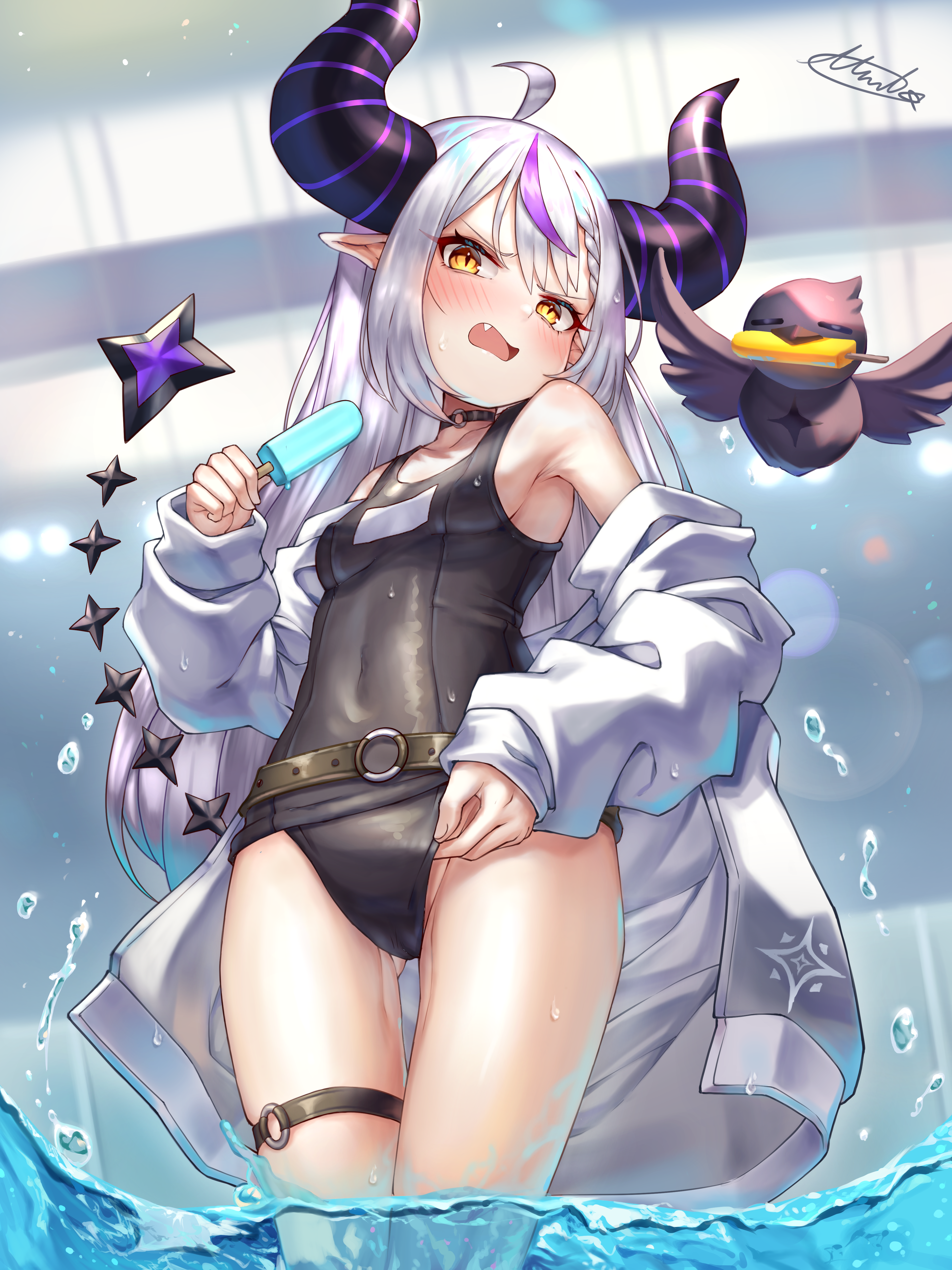 Anime 3750x5000 anime anime girls Virtual Youtuber Hololive Laplus Darknesss vertical horns pointy ears one-piece swimsuit popsicle open mouth loli