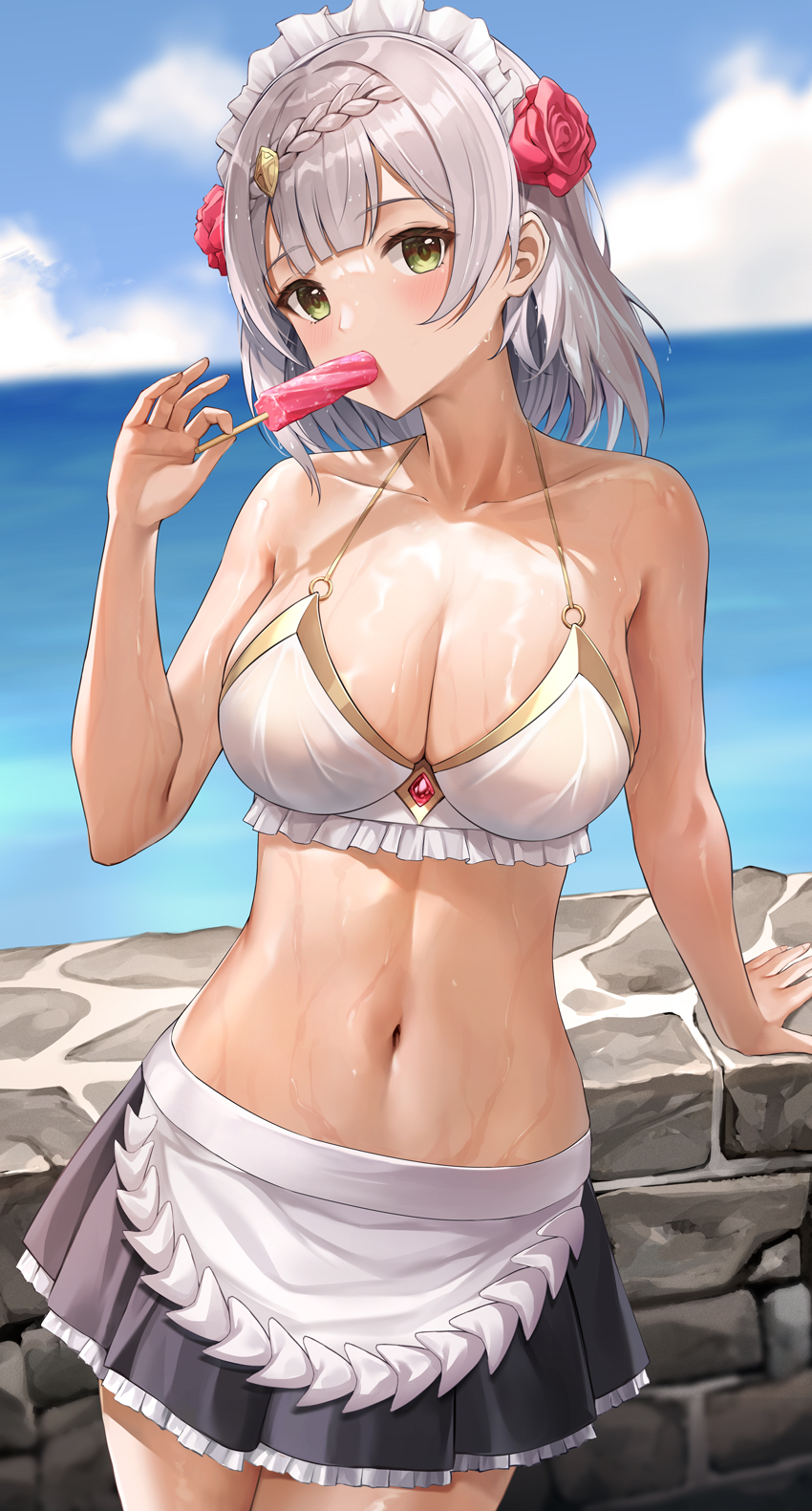 Anime 850x1581 Genshin Impact Lunacle Noelle (Genshin Impact) portrait display bikini top popsicle wet body tanned video game characters video game girls sweat maid outfit green eyes braids flower in hair big boobs cleavage