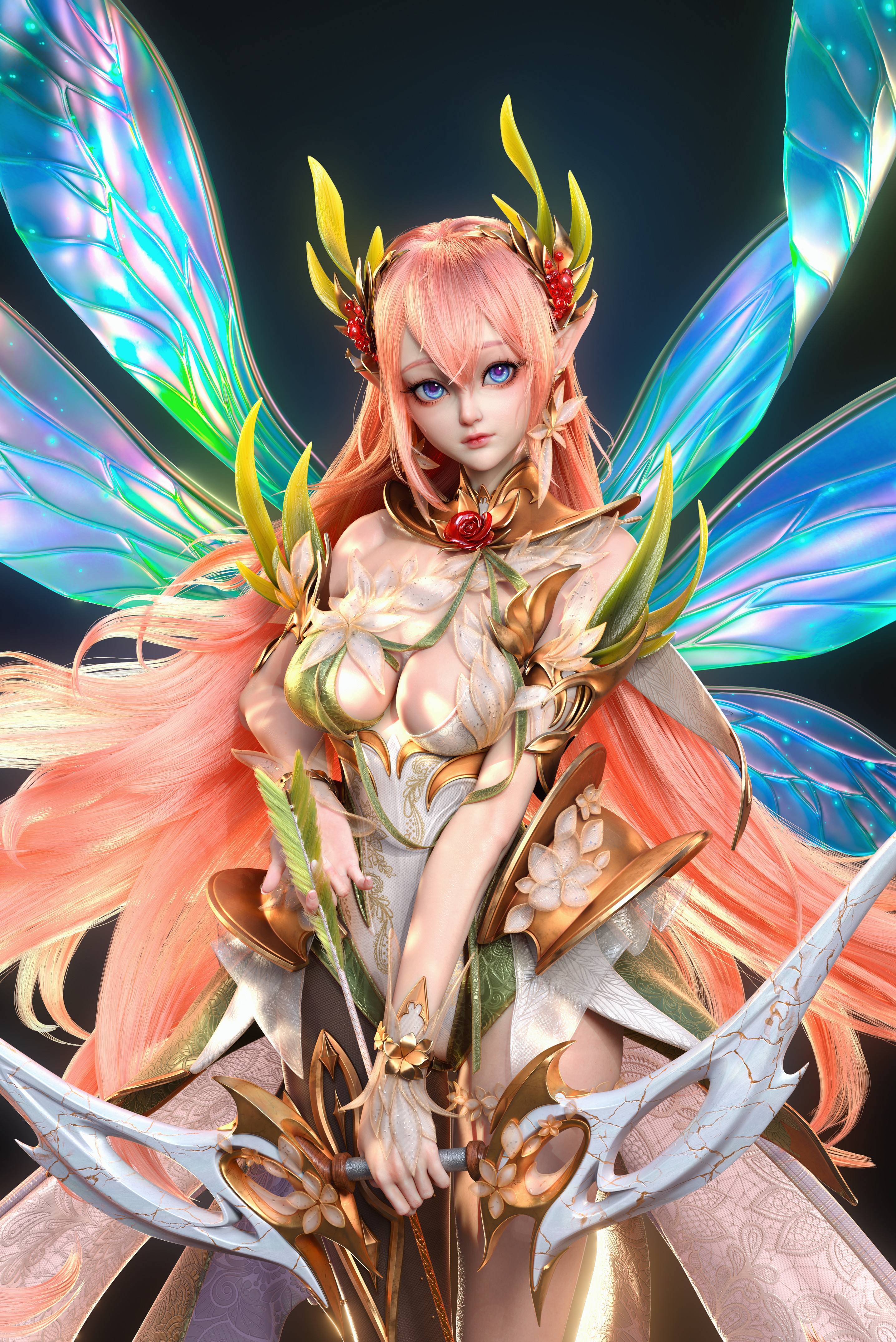 General 2872x4300 artwork women fantasy art fantasy girl long hair blue eyes pointy ears boobs looking at viewer bow and arrow Kazami Xin