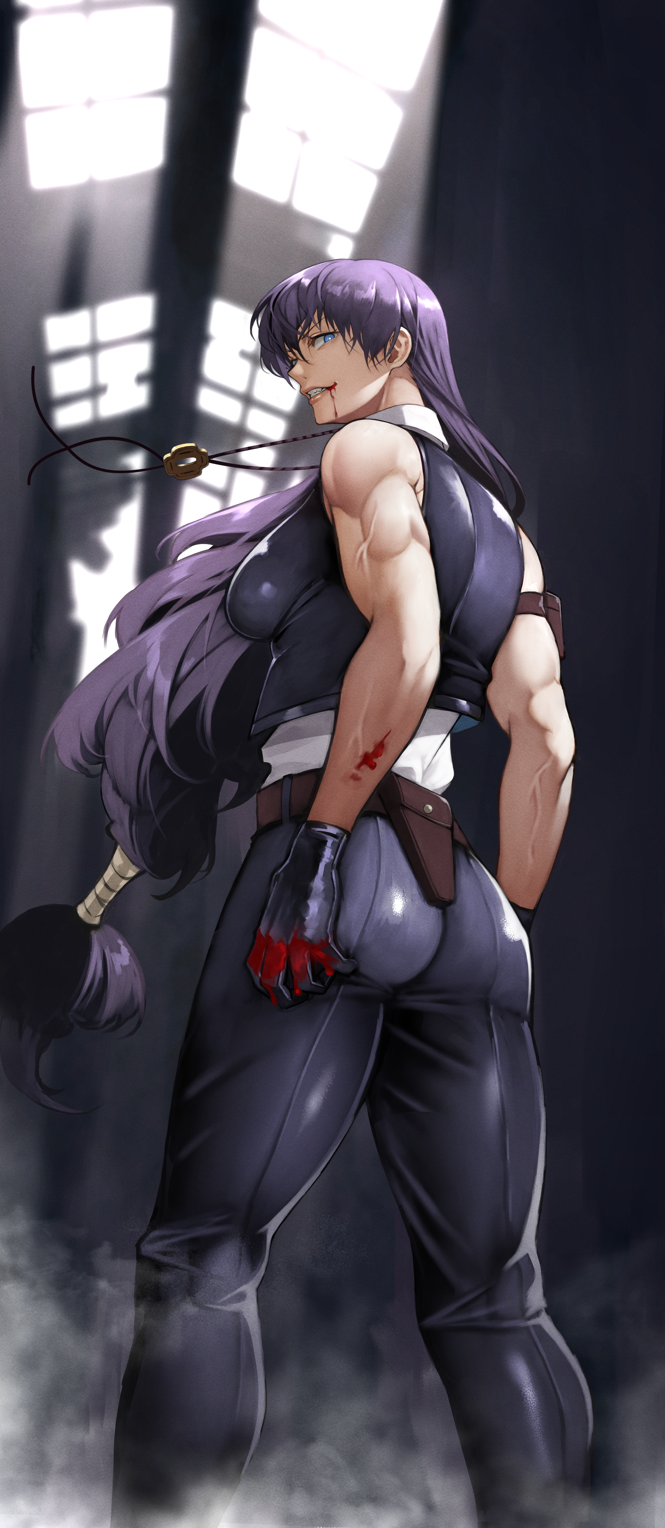 Anime 2700x6200 Black Lagoon standing muscular blood stains ass thighs big boobs sideboob veins biceps pendant blue eyes smiling black gloves looking at viewer white shirt black pants black jackets hair in face Roberta (Black Lagoon) anime girls purple hair long hair bangs looking back ecchi blurry background portrait display anime 2D artwork female soldier fangs rear view tight clothing bare shoulders pink lipstick muscles fan art Yoshio (artist)