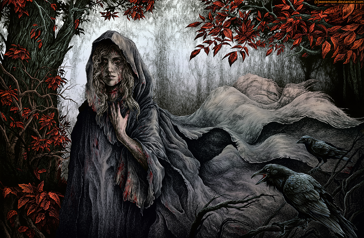 General 1484x969 fantasy art fantasy girl forest trees crow blood blonde long hair scars A Song of Ice and Fire Lady StoneHeart Weirwood Tree women digital art