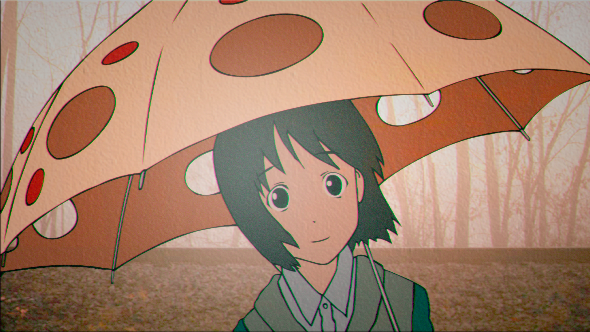 Anime 1920x1080 Welcome to the N.H.K. fall forest schoolgirl anime girls umbrella trees Nakahara Misaki face