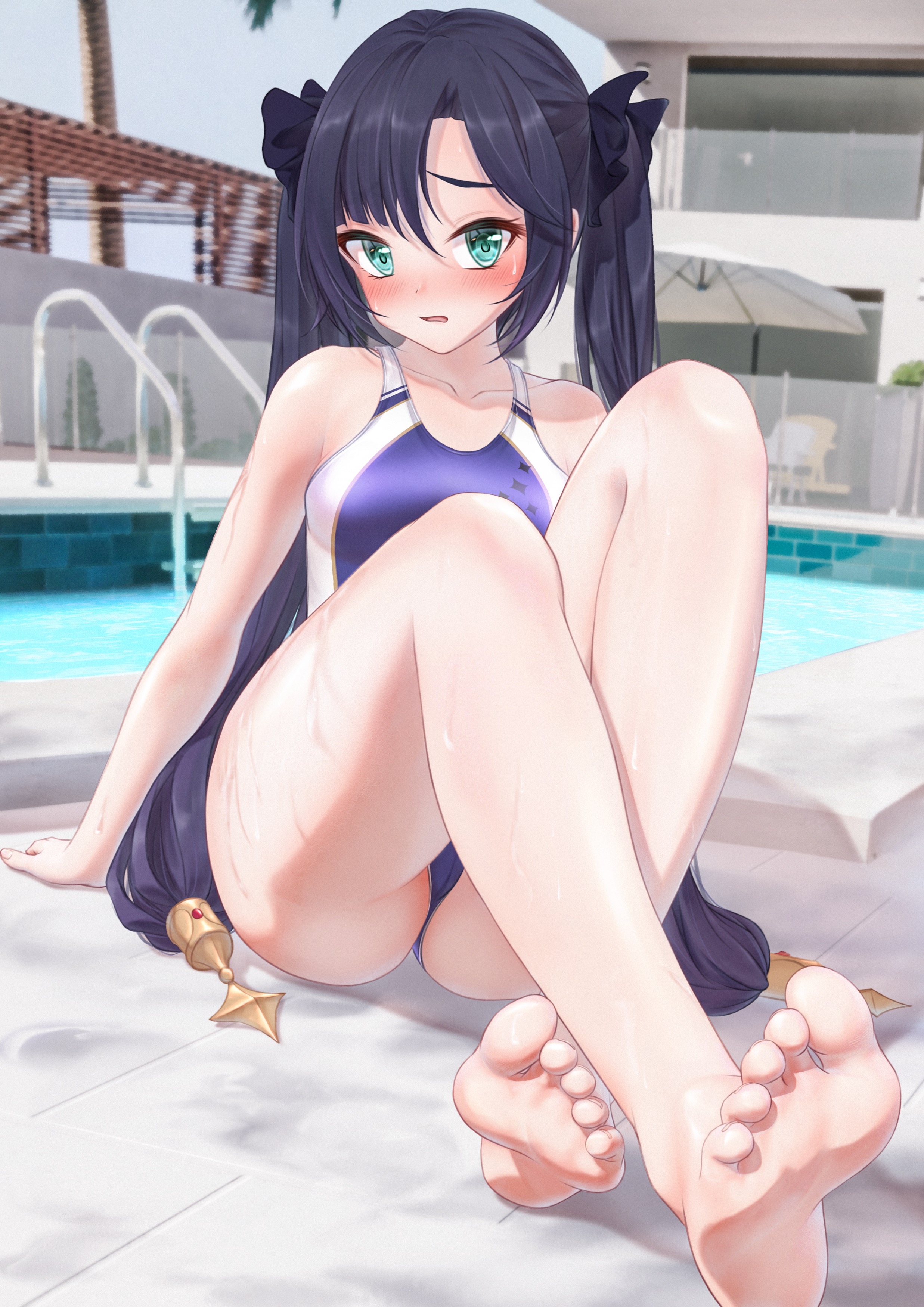 Anime 2474x3500 anime girls Genshin Impact Mona (Genshin Impact) Bae.C blushing aqua eyes dark hair one-piece swimsuit feet ass