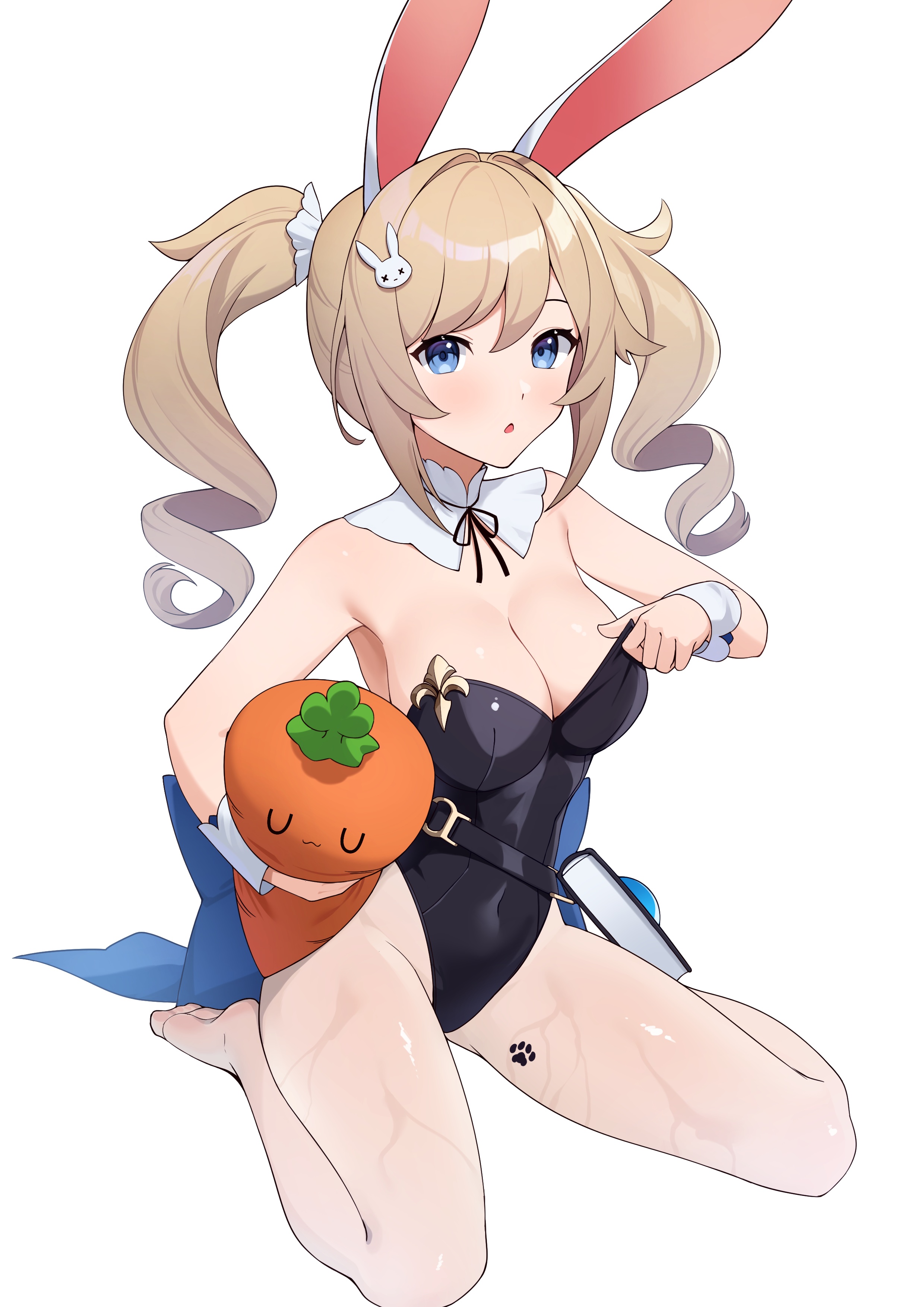 Anime 2480x3508 Genshin Impact anime girls Barbara (Genshin Impact) bunny suit sitting cuffs neck cuff cleavage blonde twintails bunny girl blue eyes toys thighs bunny ears