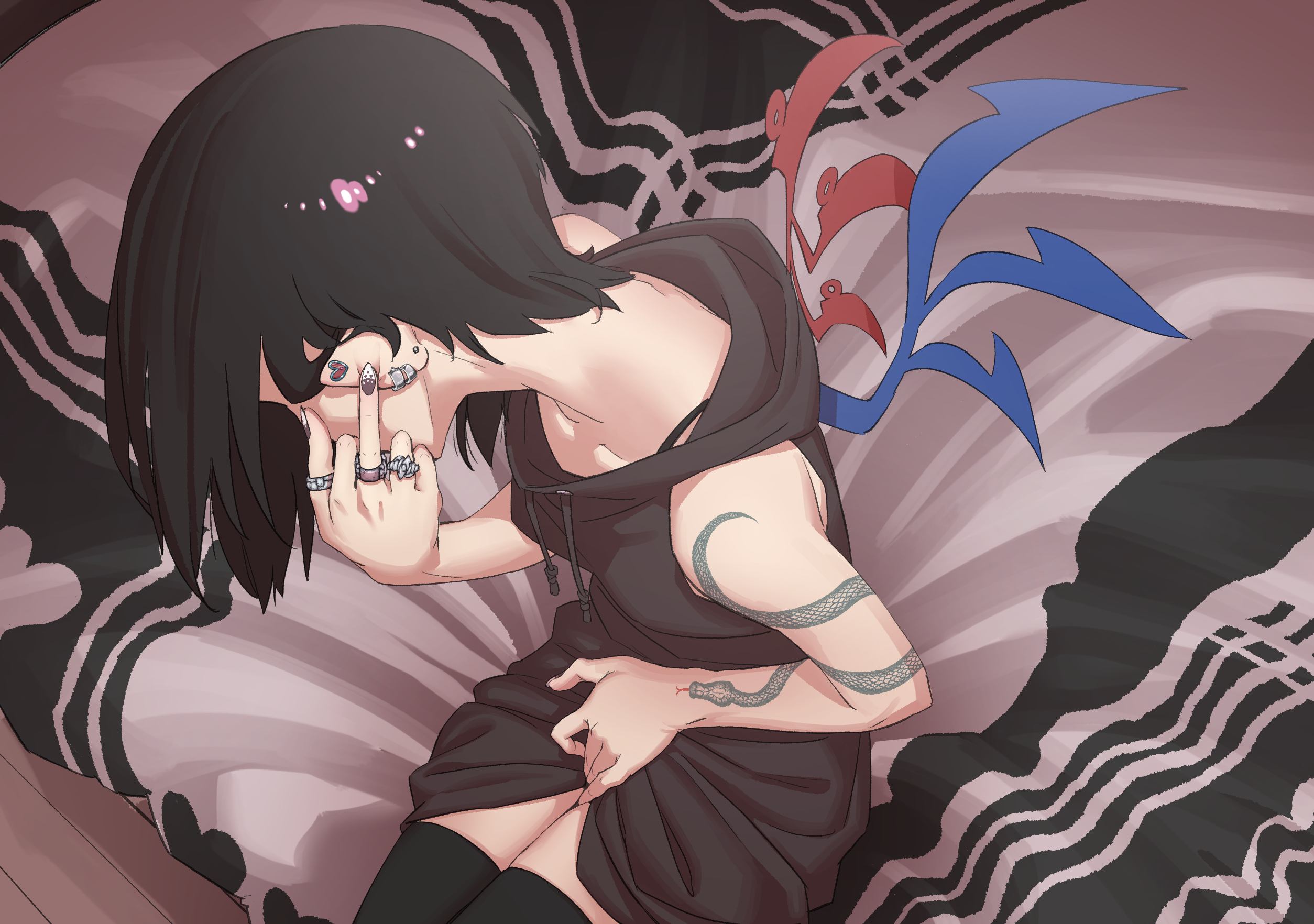 Anime 2508x1764 anime anime girls Touhou Houjuu Nue black hair short hair piercing tattoo rings wings black stockings bed bedcover middle finger long nails