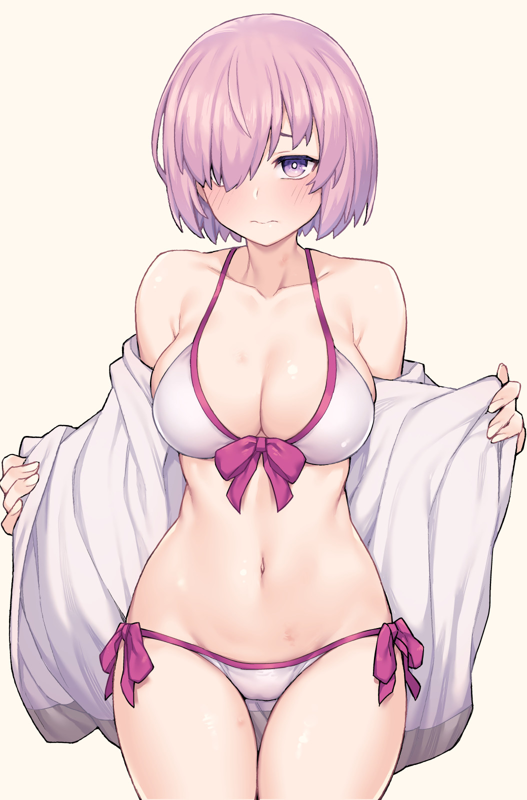 Anime 1054x1600 big boobs cleavage white bikini string bikini cameltoe bare shoulders hair over one eye 2D white jacket open jacket thighs belly button erotic art  purple eyes simple background Mash Kyrielight anime girls bangs short hair anime portrait display looking at viewer standing ecchi belly fan art jp06 artwork pink hair