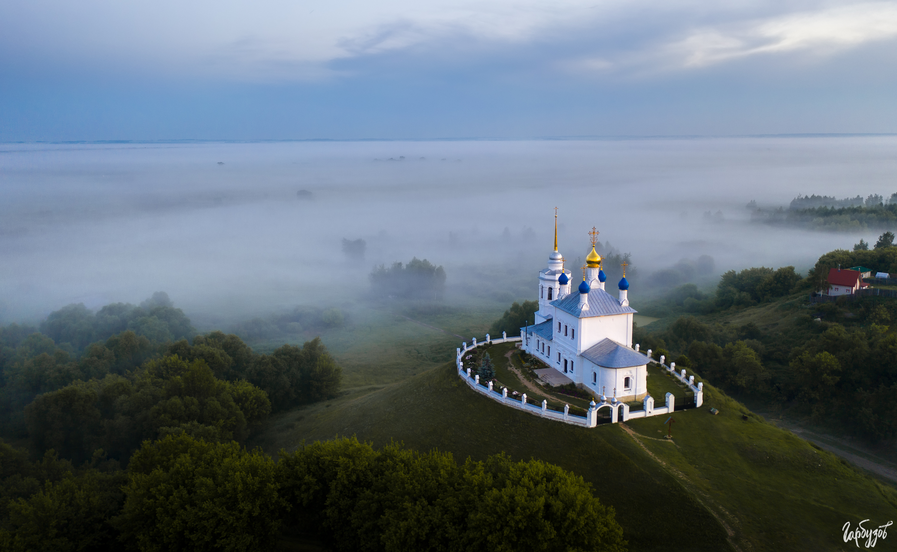 General 3000x1848 nature building architecture wall mist trees church hills photography watermarked aerial view Russia Ilya Garbuzov