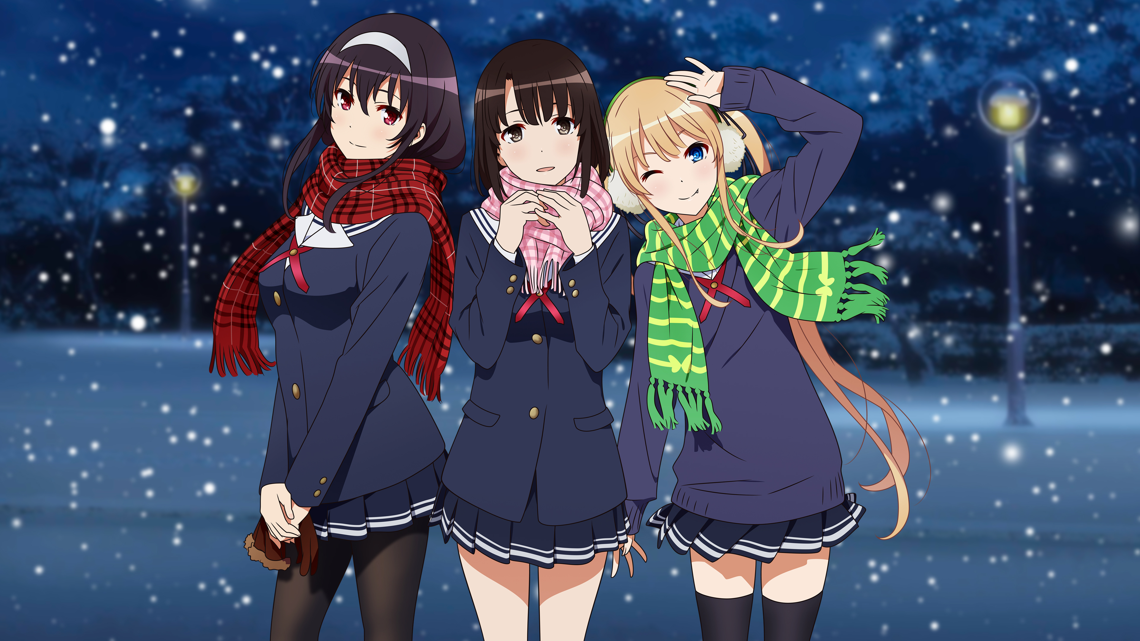 Anime 3840x2160 Saenai Heroine no Sodatekata Kasumigaoka Utaha Katou Megumi Sawamura Eriri Spencer snow winter scarf zettai ryouiki school uniform anime girls