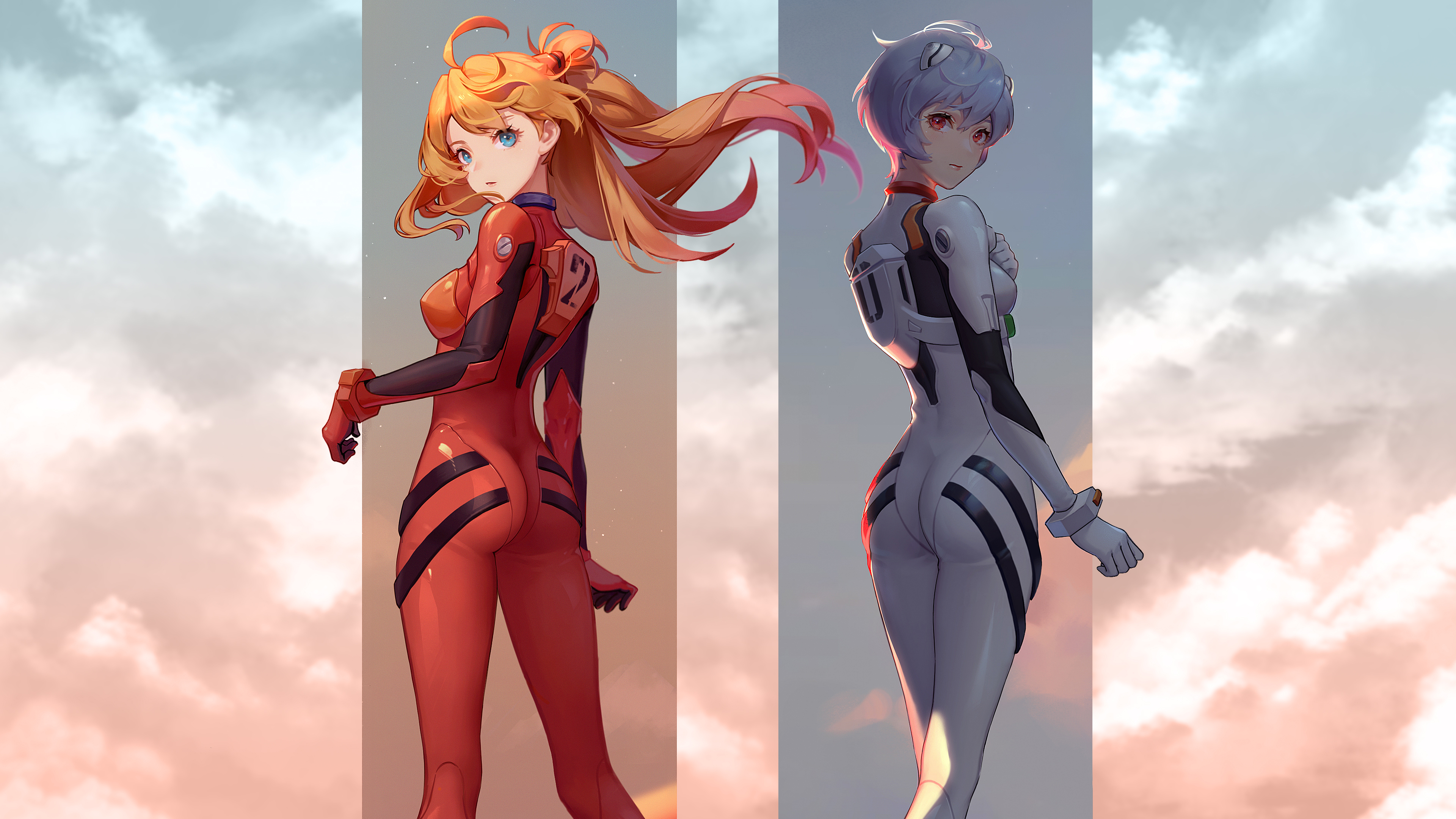 Anime 3840x2160 Neon Genesis Evangelion Asuka Langley Soryu Ayanami Rei plugsuit bodysuit ass small ass tight clothing redhead blue eyes blue hair short hair skinny slim body back rear view looking at viewer looking over shoulder red eyes bangs clouds long hair looking back standing thick eyelashes two women