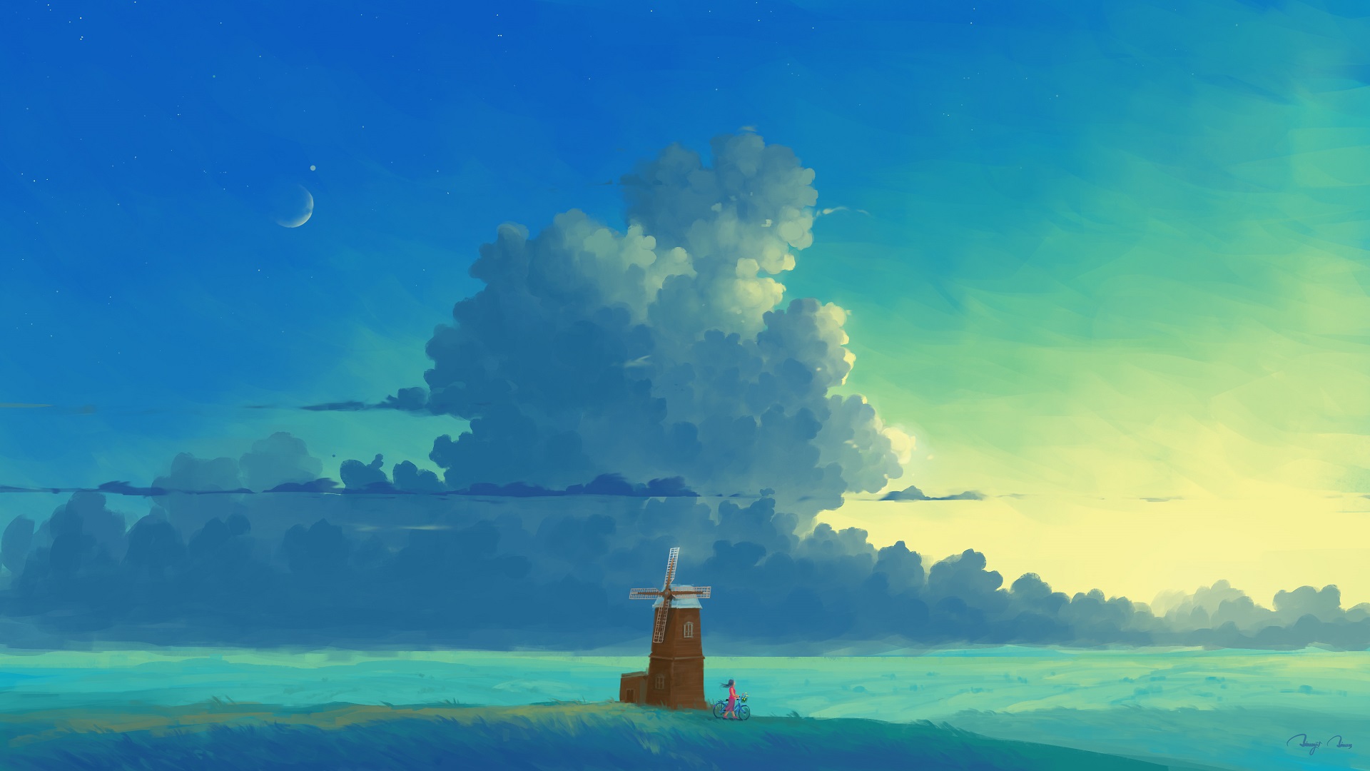 General 1920x1080 digital painting sky clouds landscape windmill crescent moon blue