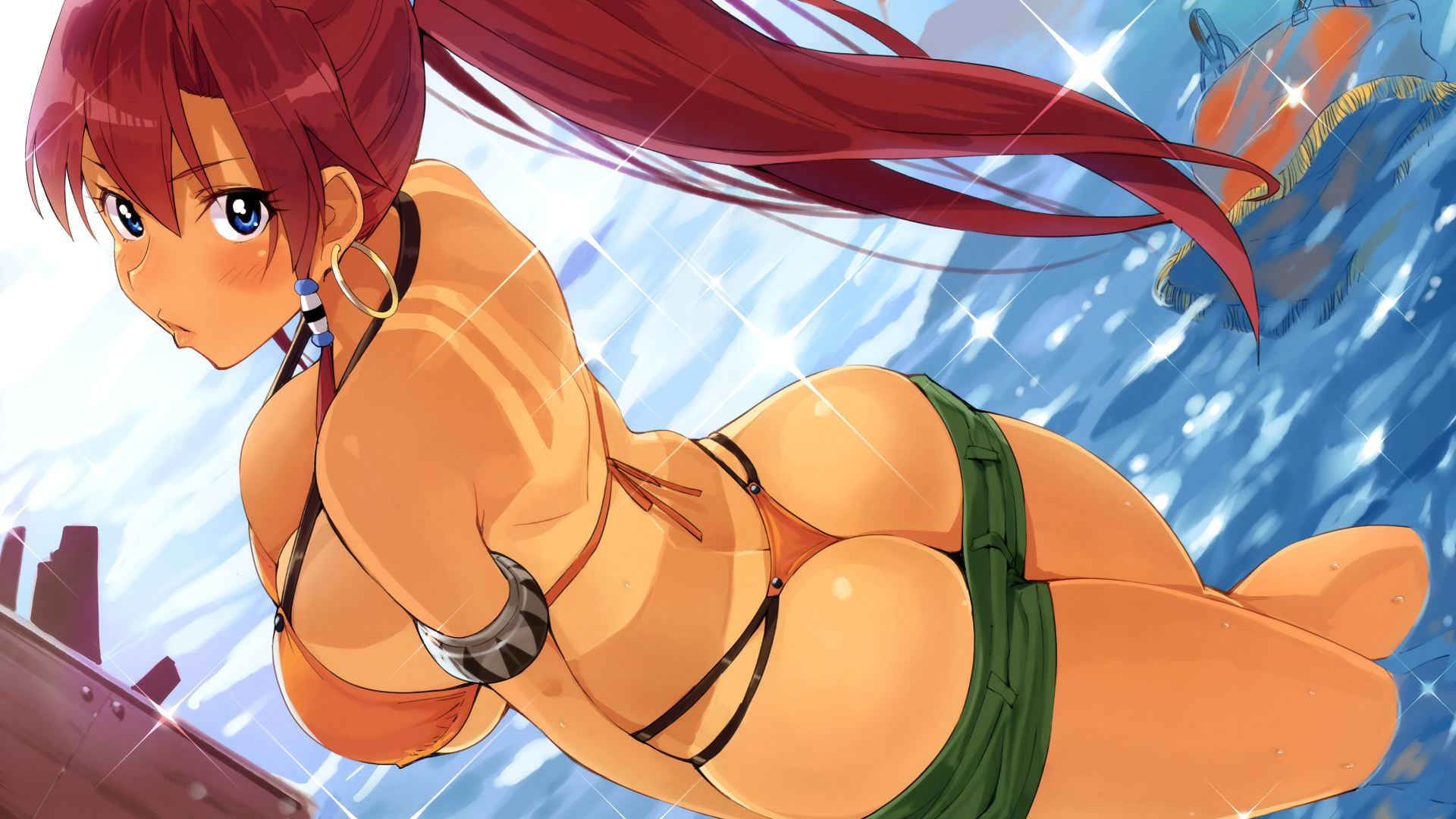 Anime 1920x1080 Suisei no Gargantia big boobs swimwear Bellows redhead blus...
