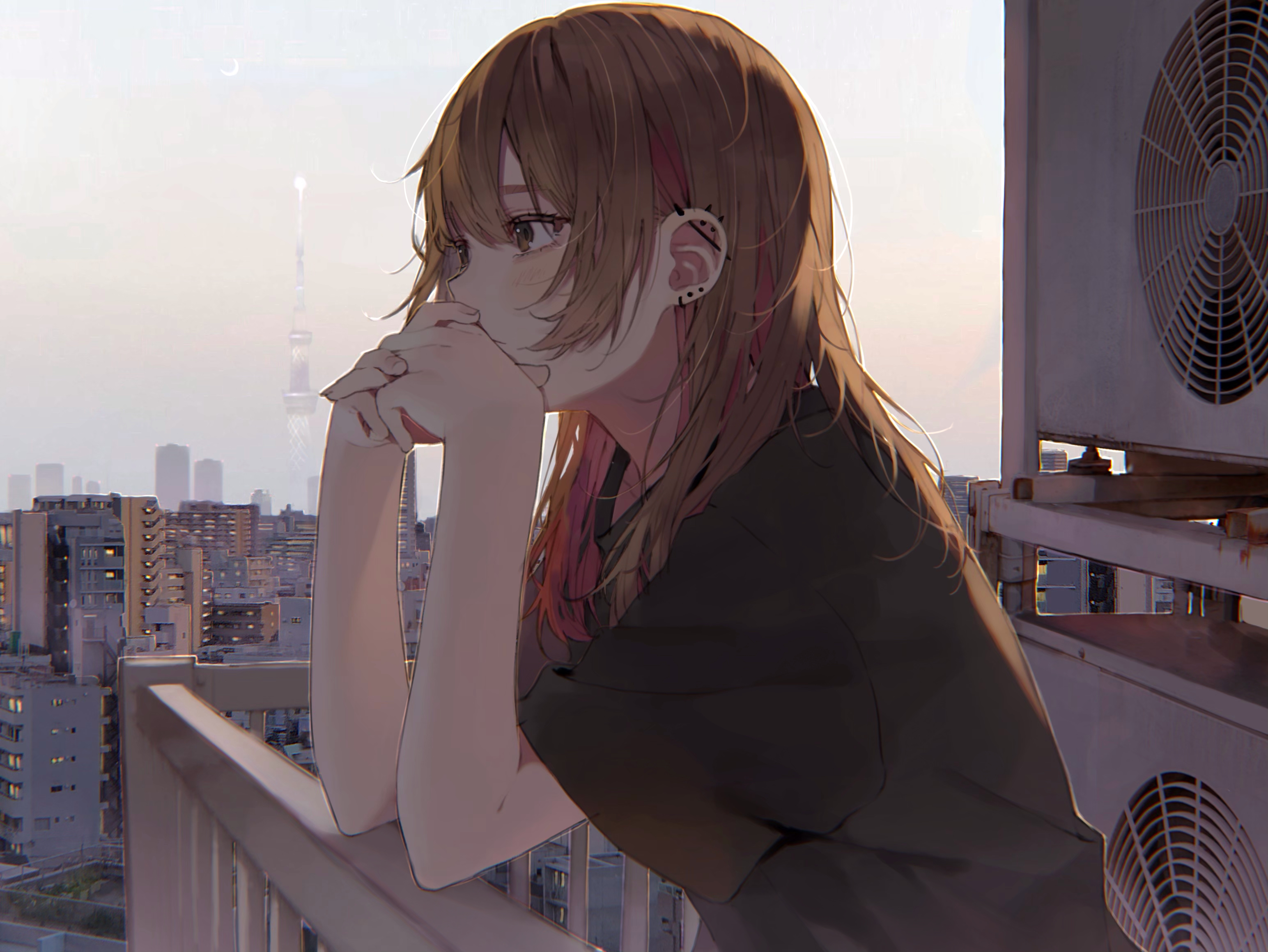 Anime 3088x2320 anime anime girls balcony air conditioning piercing original characters brunette multi-colored hair brown eyes side view hands crossed Daluto looking into the distance animeirl