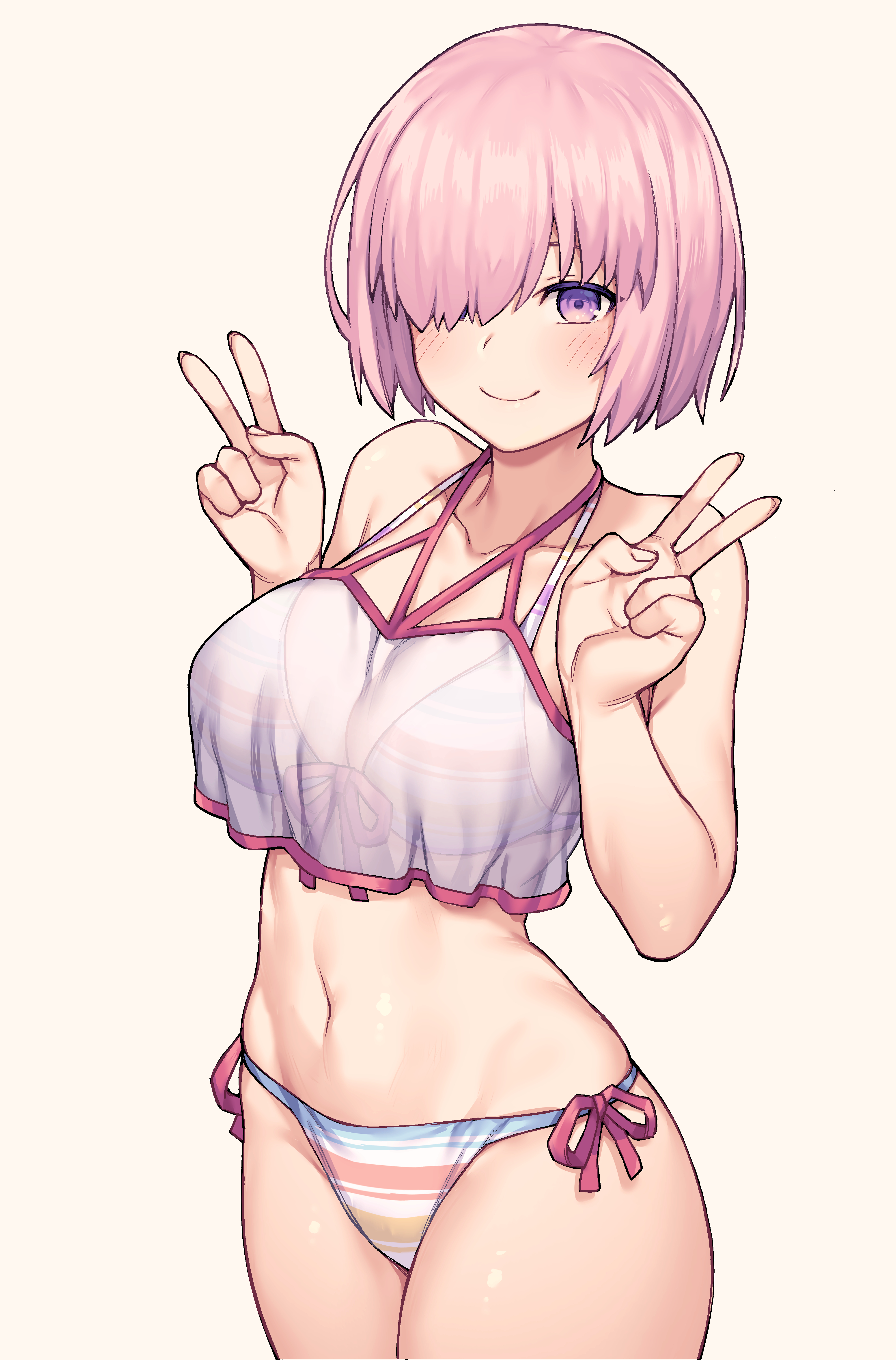 Anime 4000x6070 Fate/Grand Order Fate series big boobs thighs belly button cleavage bare shoulders ecchi smiling blushing purple eyes hair over one eye peace sign striped bikini 2D anime girls Mash Kyrielight simple background looking at viewer pink hair short hair anime artwork portrait display belly fan art jp06 bikini