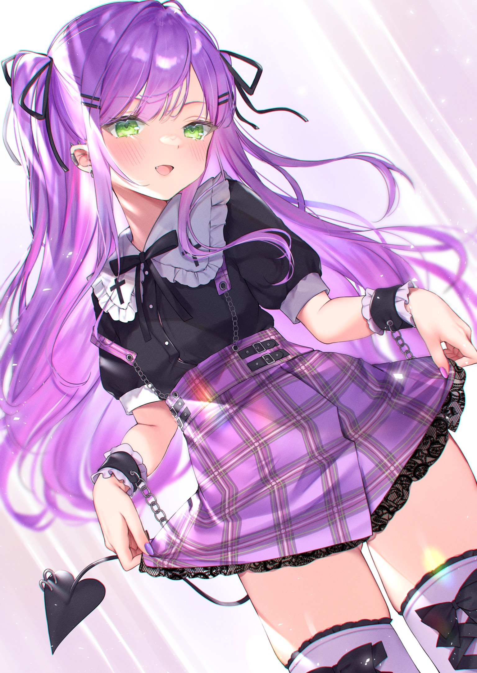 Anime 1536x2170 anime girls Hololive Tokoyami Towa purple hair Buta Tamako smiling lifting skirt thigh-highs thighs