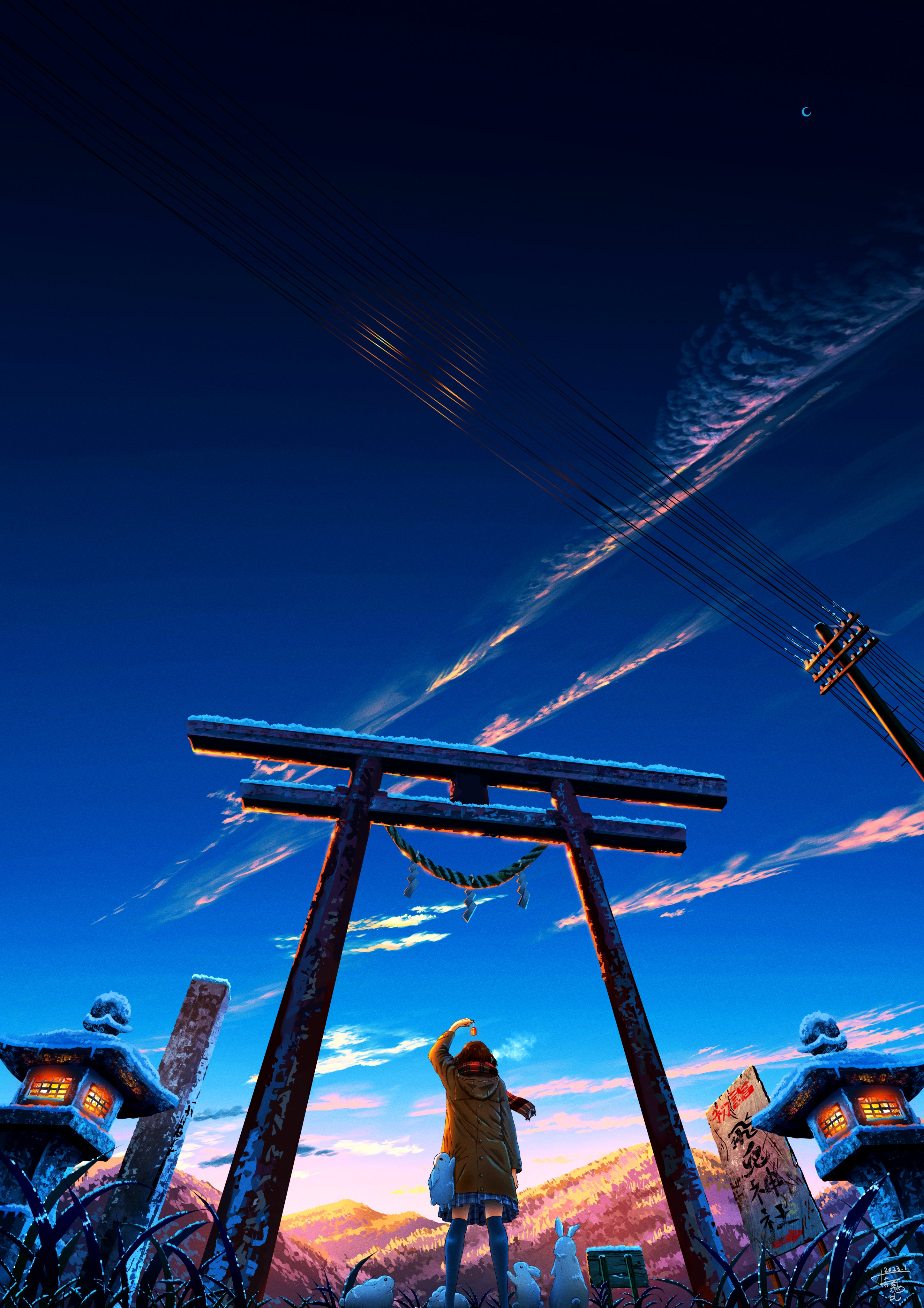 Anime 2895x4096 Shuu Illust anime girls schoolgirl school uniform rear view crescent moon low-angle power lines utility pole knee-highs one arm up red scarfs sky clouds coats shrine women outdoors rabbits grass wires cumulus torii signs snow Moon scarf