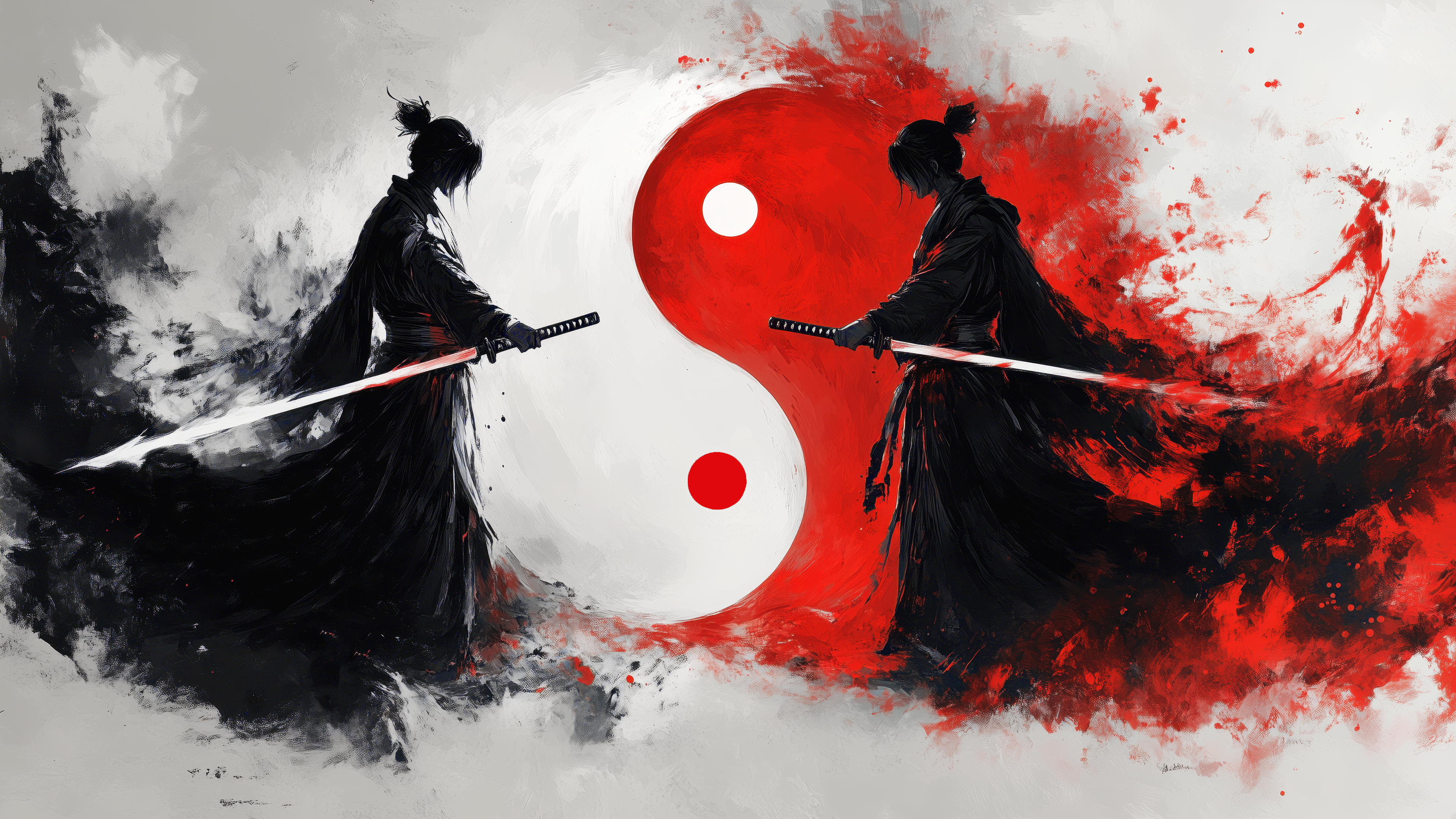 General 3840x2160 AI art samurai katana Yin and Yang standing two men men with swords simple background men short hair side view