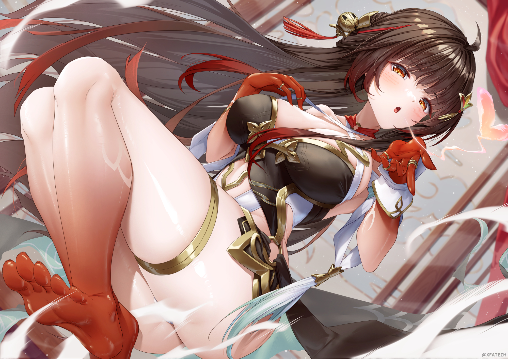 Anime 2000x1414 anime anime girls ass leotard barefoot cleavage Lingsha (Honkai: Star Rail) Honkai: Star Rail Xfatezh looking at viewer long hair brunette open mouth foot sole blushing hair ornament thigh strap big boobs brown eyes bent legs watermarked feet toes ahoge