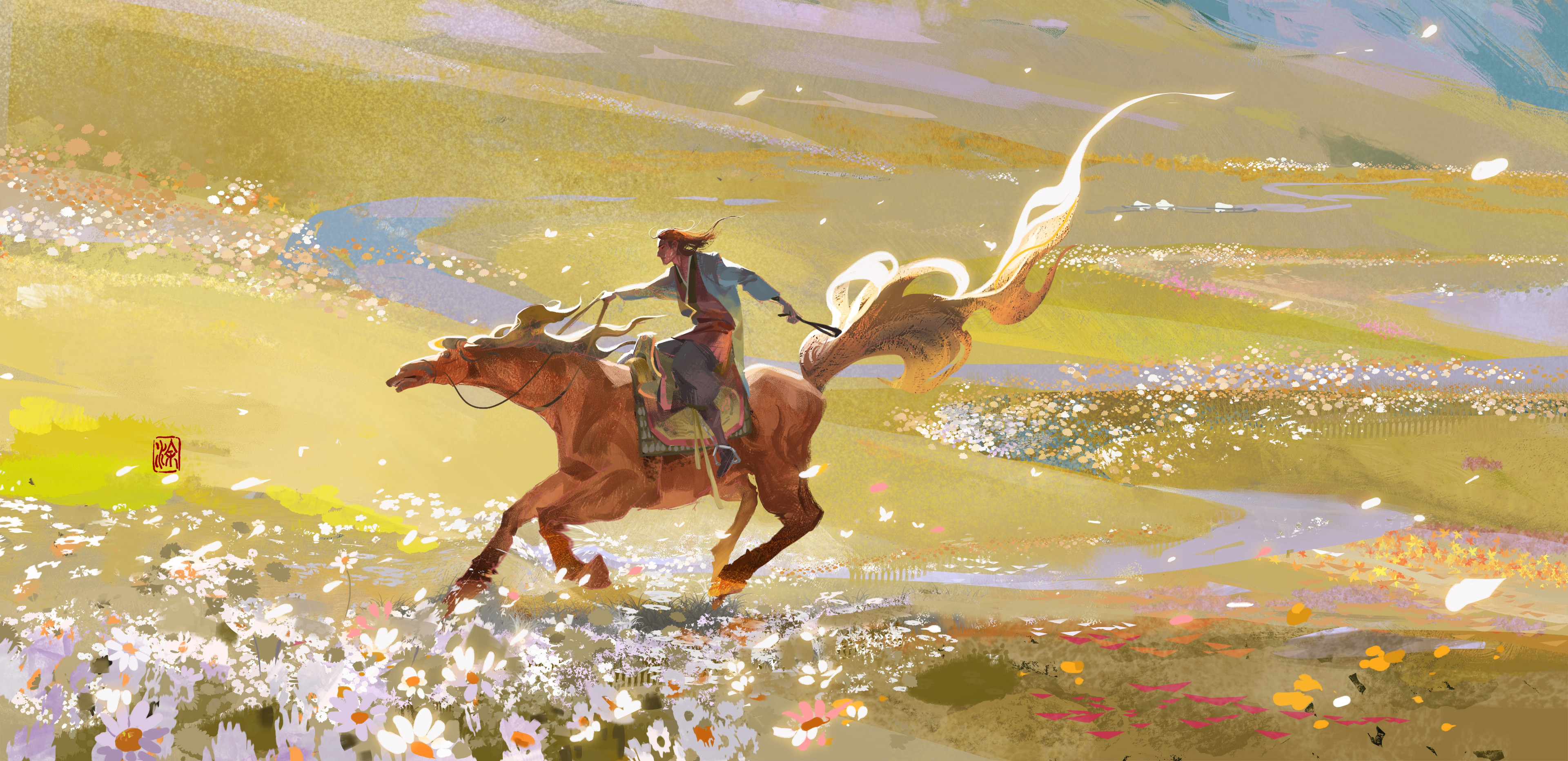 General 3840x1864 drawing horse riding flowers field watermarked digital art