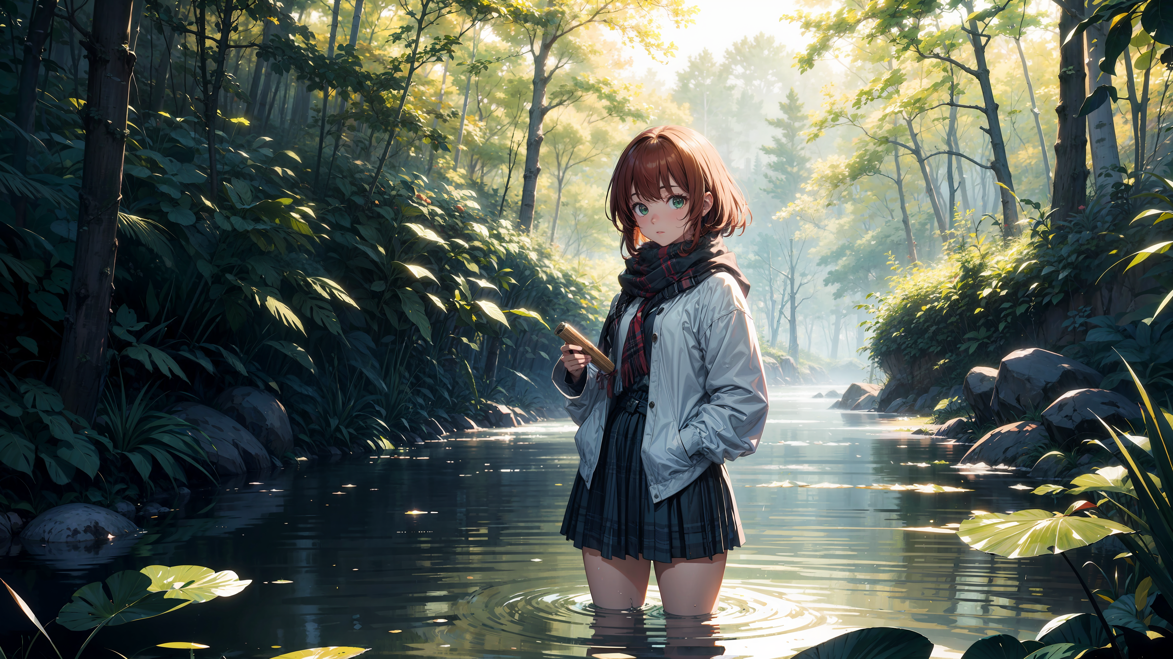 Anime 3840x2160 AI art forest nature water green eyes scarf skirt jacket foliage exploration pond standing trees open clothes 4K Stable Diffusion photopea DeviantArt leaves hands in pockets sunlight standing in water