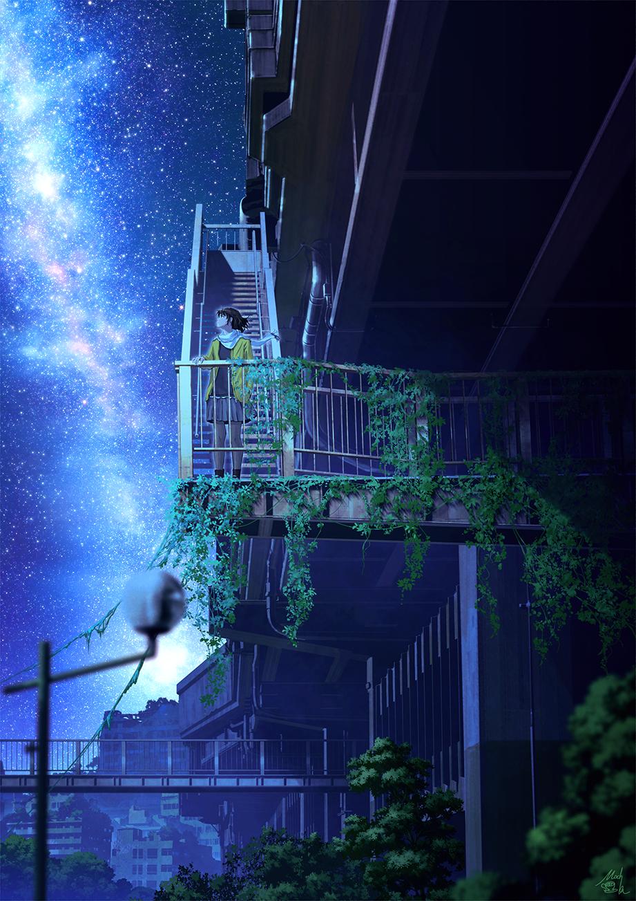 Anime 921x1303 Pixiv anime stairs Milky Way looking away nebula starred sky night portrait display anime girls sky stars