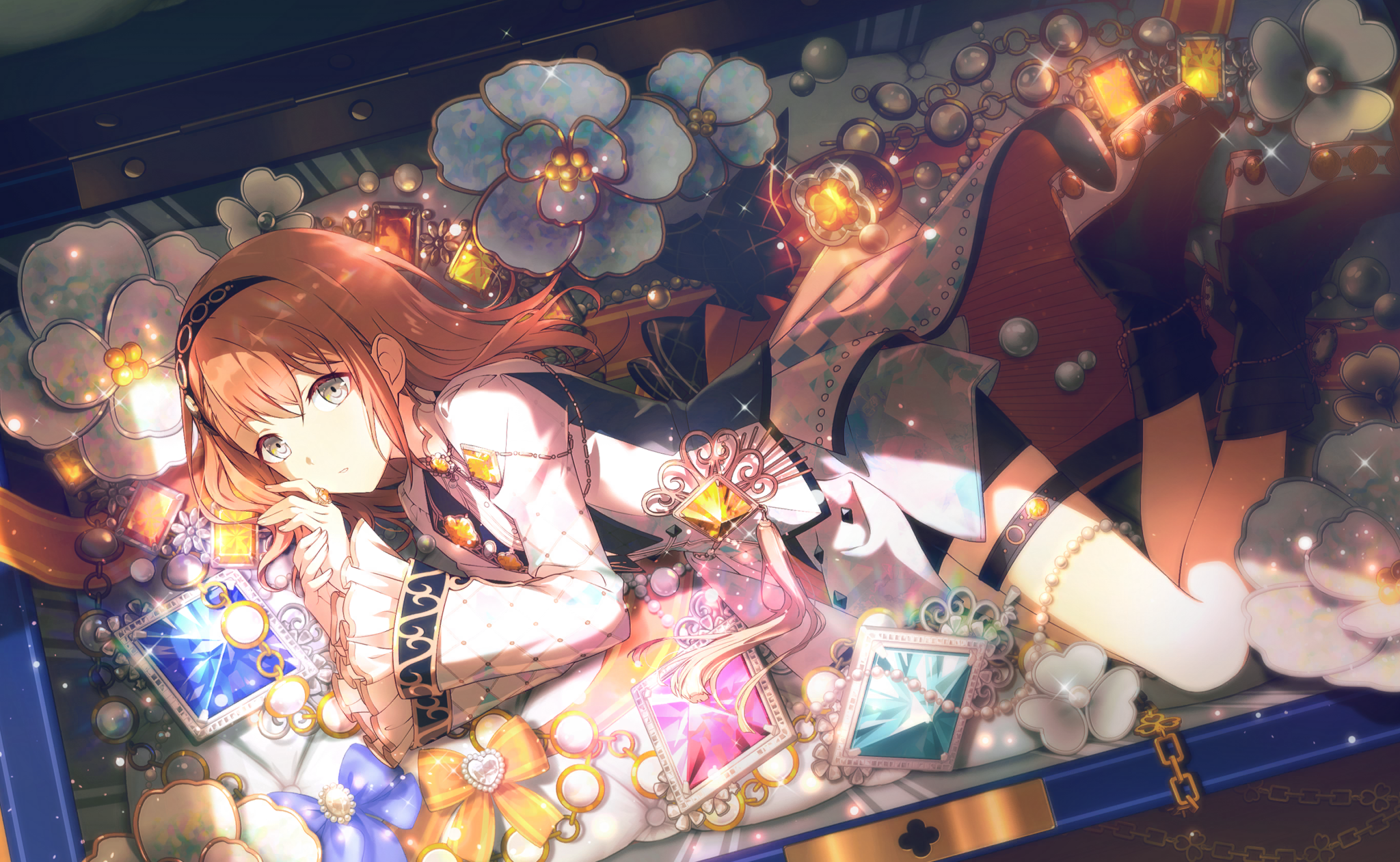 Anime 2048x1261 anime anime girls long hair looking at viewer bow tie jewelry lying on side stars
