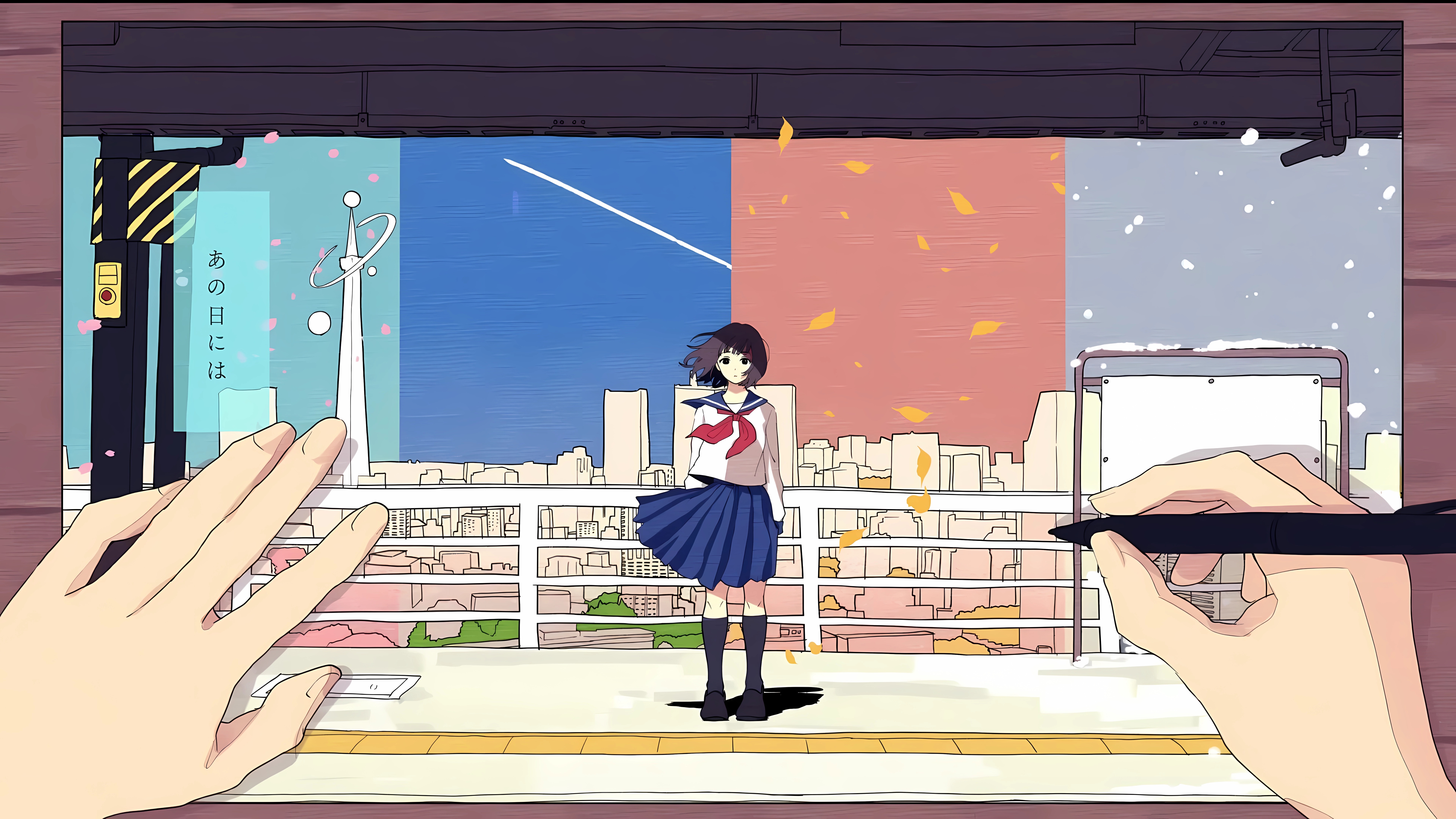 Anime 7680x4320 coalowl anime anime girls standing schoolgirl school uniform looking at viewer city hair blowing in the wind long hair