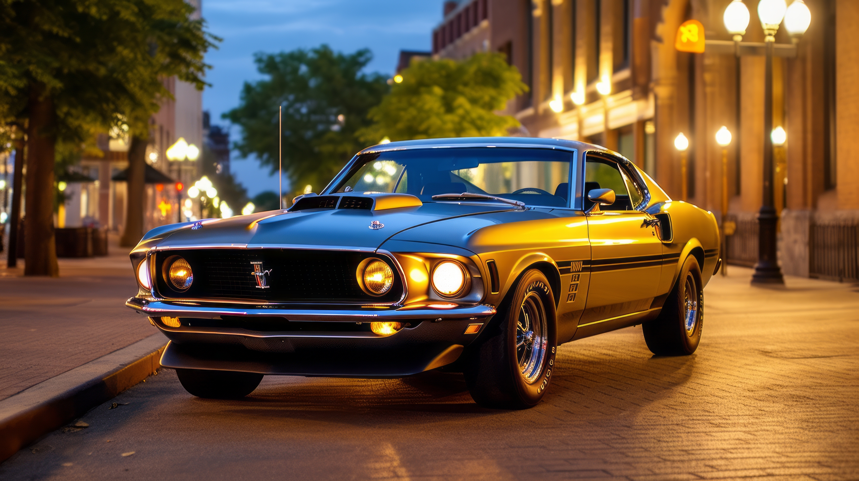 General 2912x1632 AI art city muscle cars ford mustang 1969 street Blue hour yellow blue frontal view car headlights trees street light building