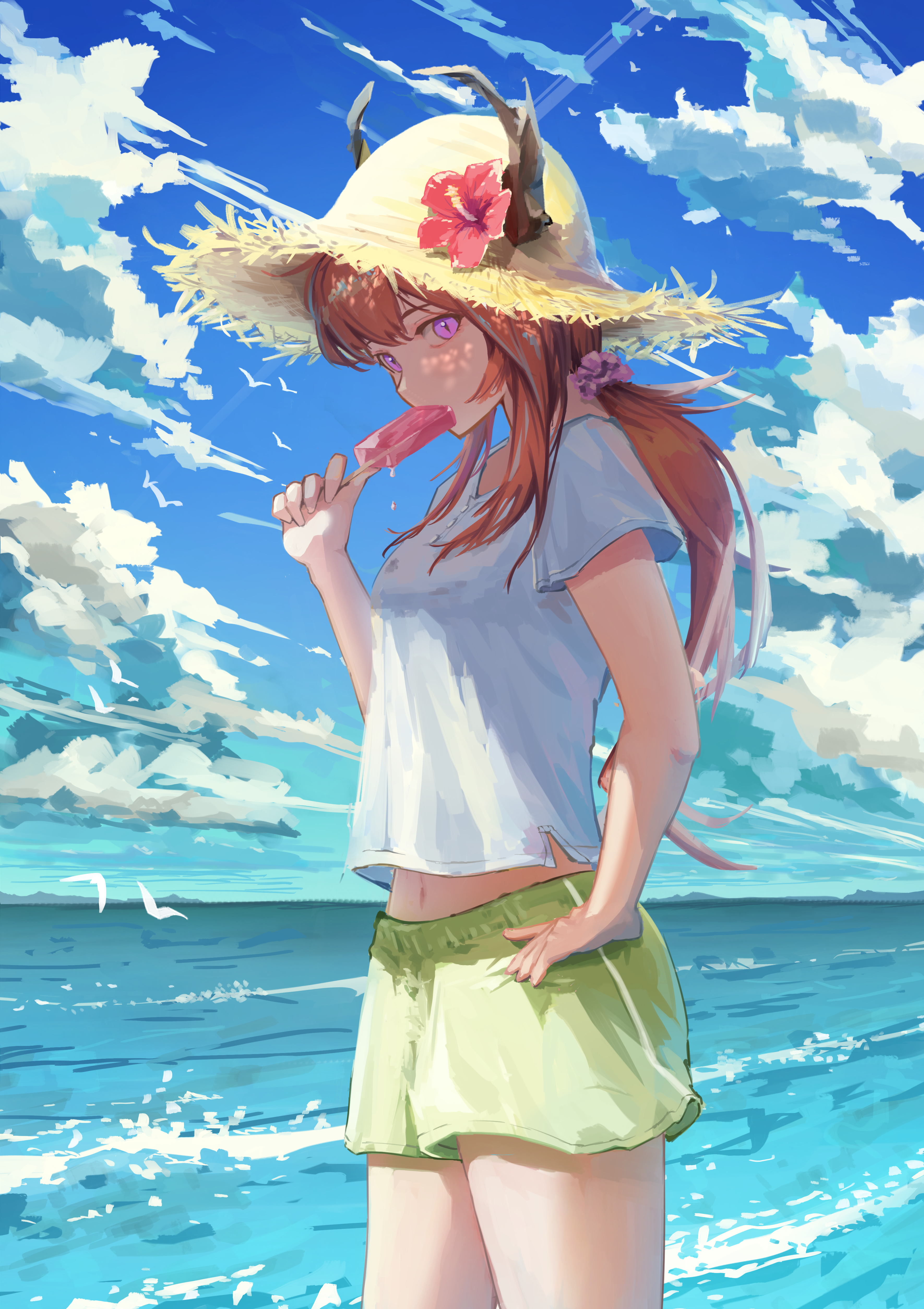 Anime 3541x5016 Arknights portrait display anime girls water sea Surtr (Arknights) looking at viewer eating popsicle hands on hips redhead purple eyes horns green shorts clouds white shirt belly belly button straw hat sun hats hibiscus flowers food women outdoors bare midriff summer anime girls eating ponytail hat animals birds