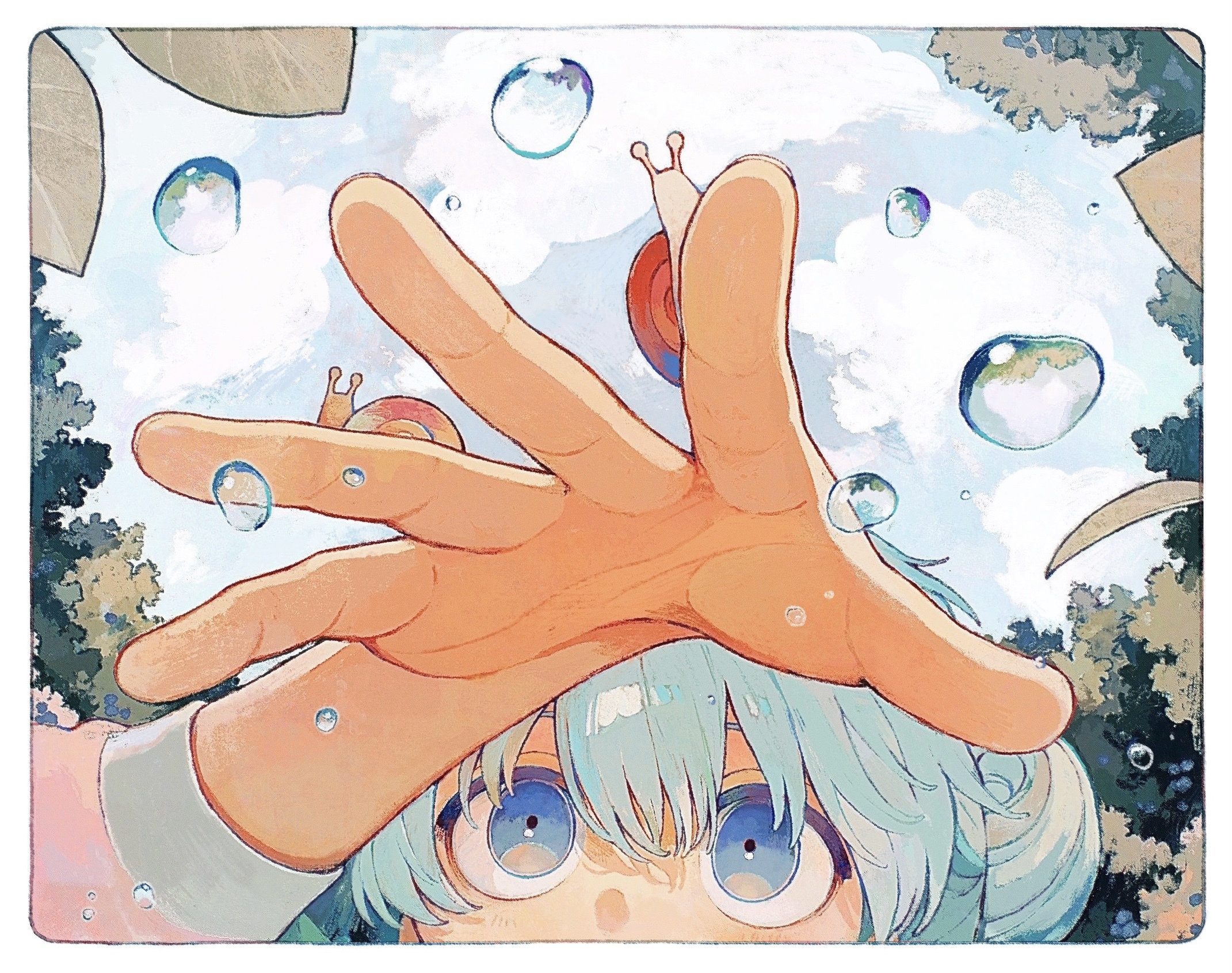 Anime 2141x1691 Marukogedago anime girls low-angle worm's eye view animals water drops leaves trees snail closeup looking up blue hair blue eyes sky arms reaching hands outdoors fingers hairbun