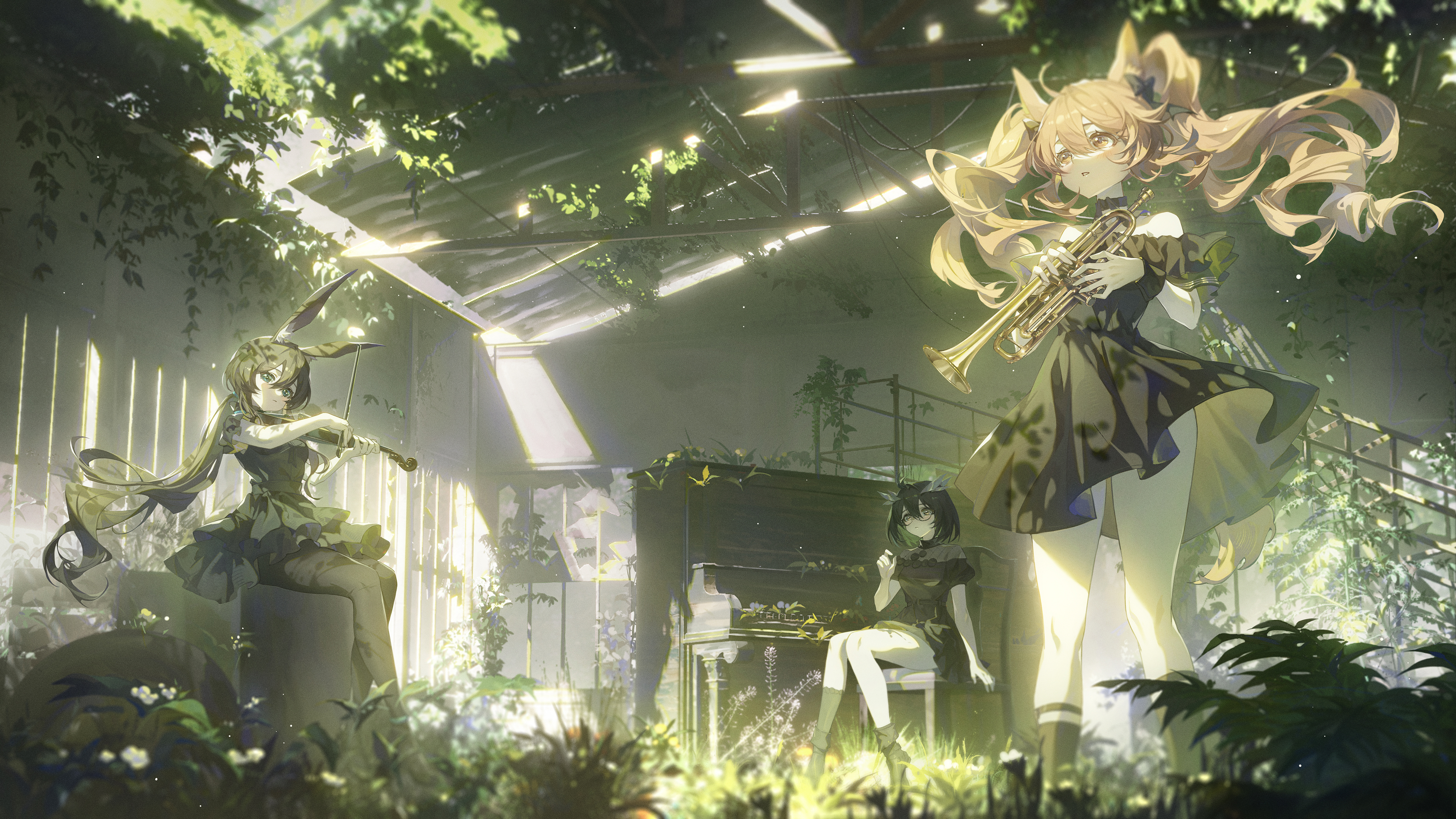 Anime 4000x2250 anime anime girls Arknights Amiya (Arknights) Silence(Arknights) trumpet violin piano musical instrument sitting twintails long hair leaves sunlight looking at viewer choker glasses animal ears standing short hair