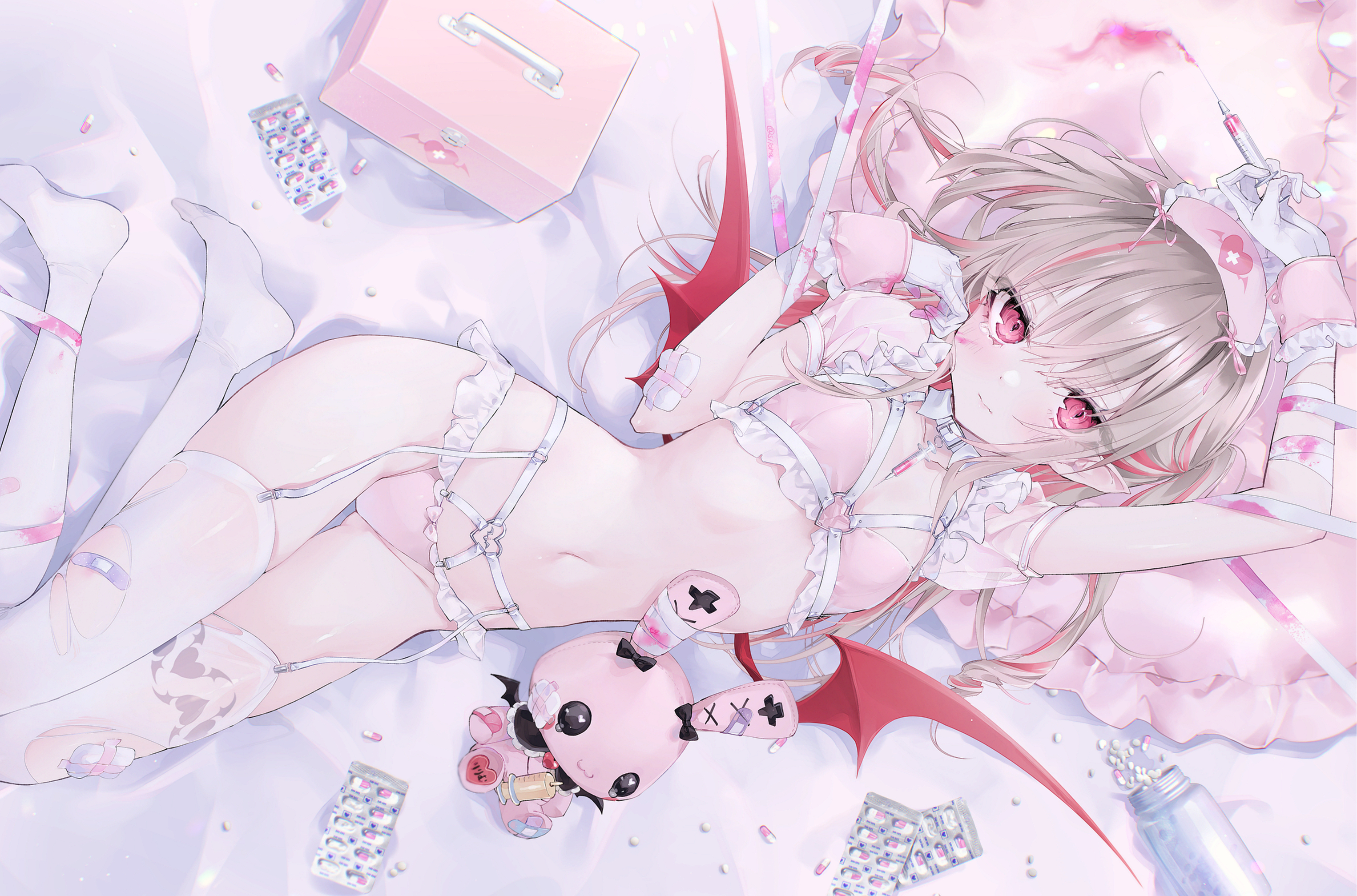 Anime 3051x2015 anime anime girls Makaino Ririmu Nijisanji Virtual Youtuber si10ra looking at viewer blushing lingerie stockings garter straps lying down lying on back needles wings pills plush toy pillow Band-Aid gloves bandages thighs belly belly button garter belt pointy ears long hair two tone hair