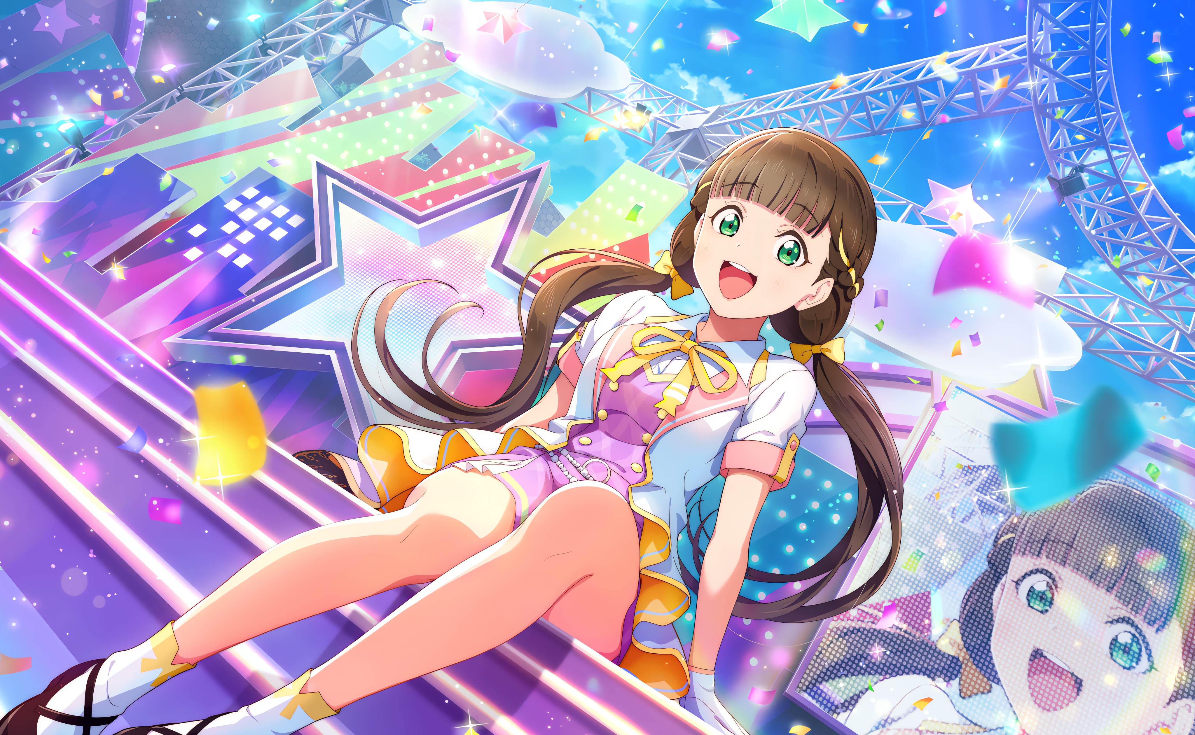 Anime 4096x2520 Love Live! Love Live! Super Star!! anime anime girls sitting long hair twintails open mouth looking at viewer stages stars confetti clouds sky stage light gloves Sakurakoji Kinako