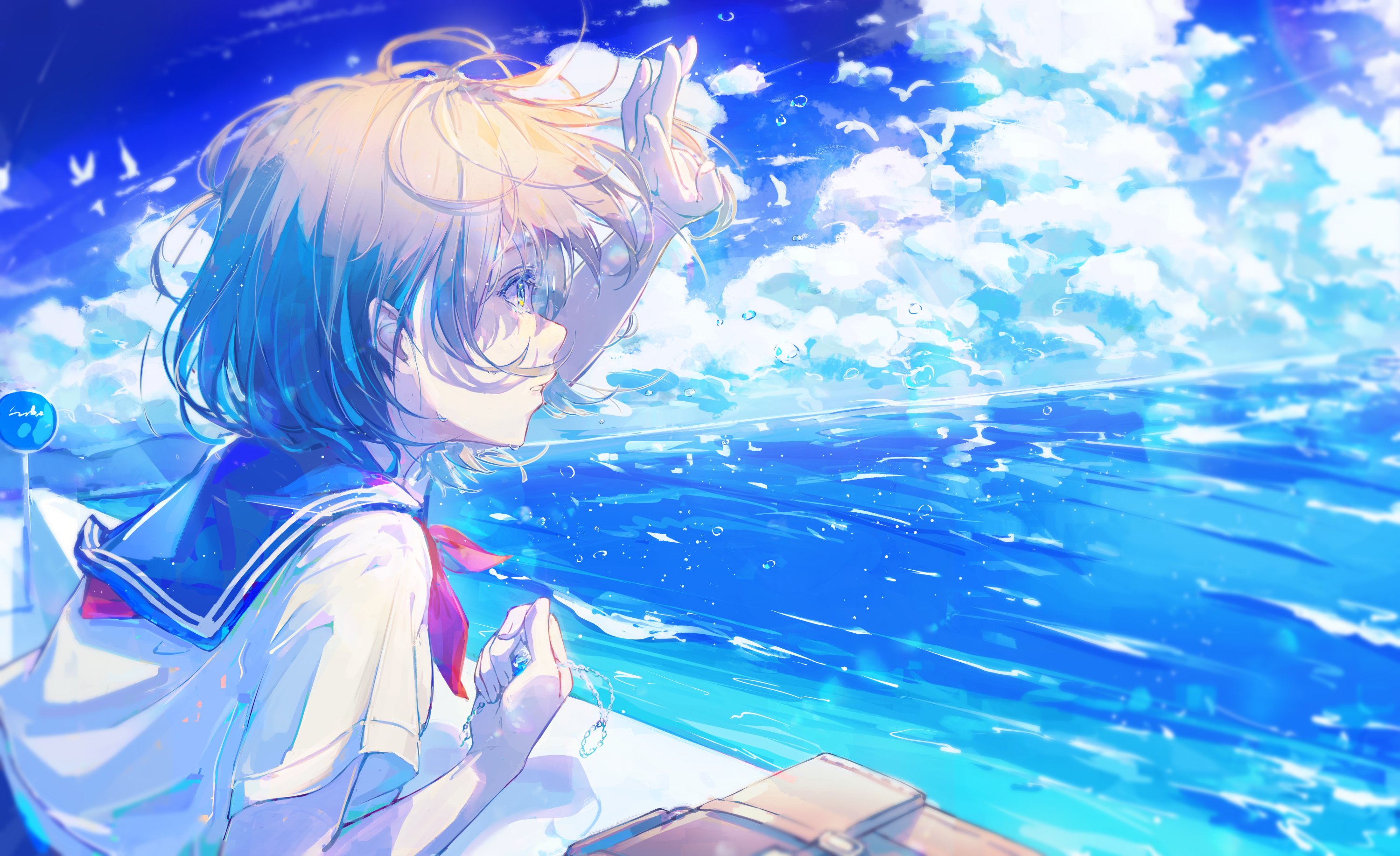 Anime 3000x1833 anime girls looking away schoolgirl school uniform clouds jewelry sea cumulus water drops profile short hair sunlight water animals backpacks necklace blue eyes pink hair road sign Fuunyon gradient hair multi-colored hair birds gray hair sailor uniform looking into the distance sky