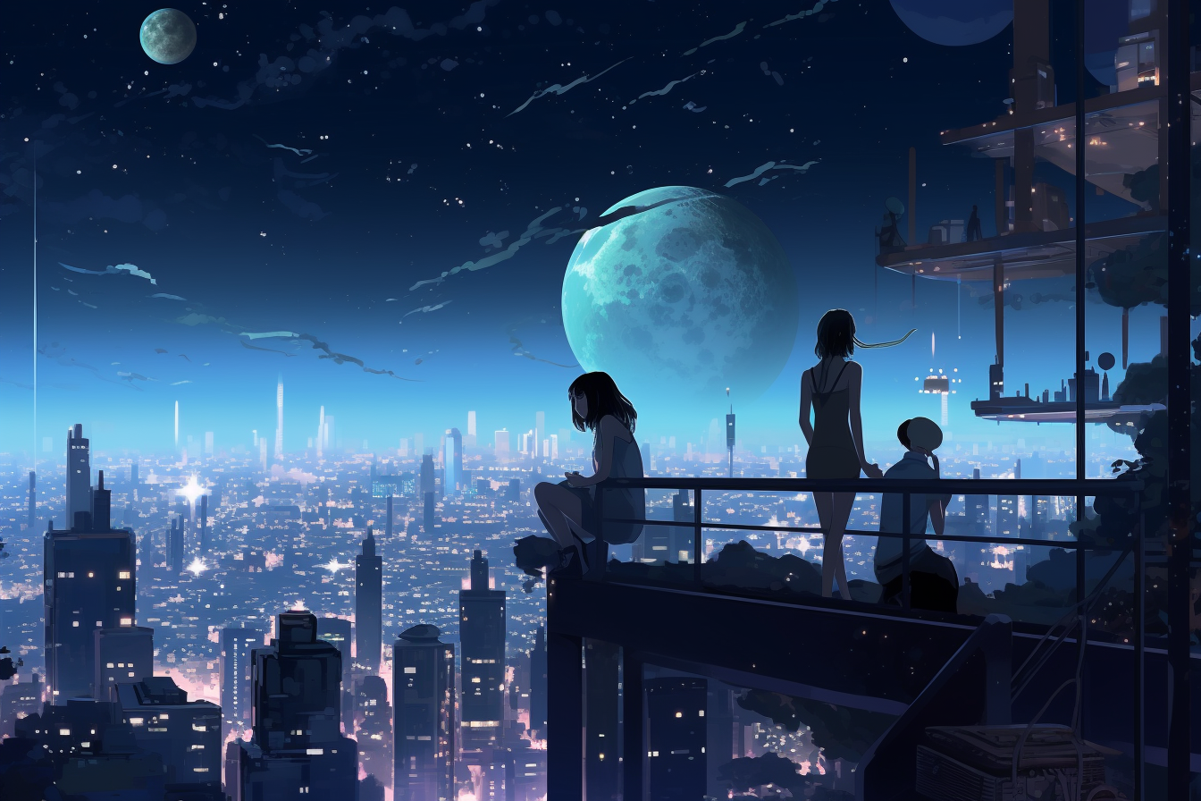 Anime 1344x896 people Moon city city lights women planet cityscape sitting faceless