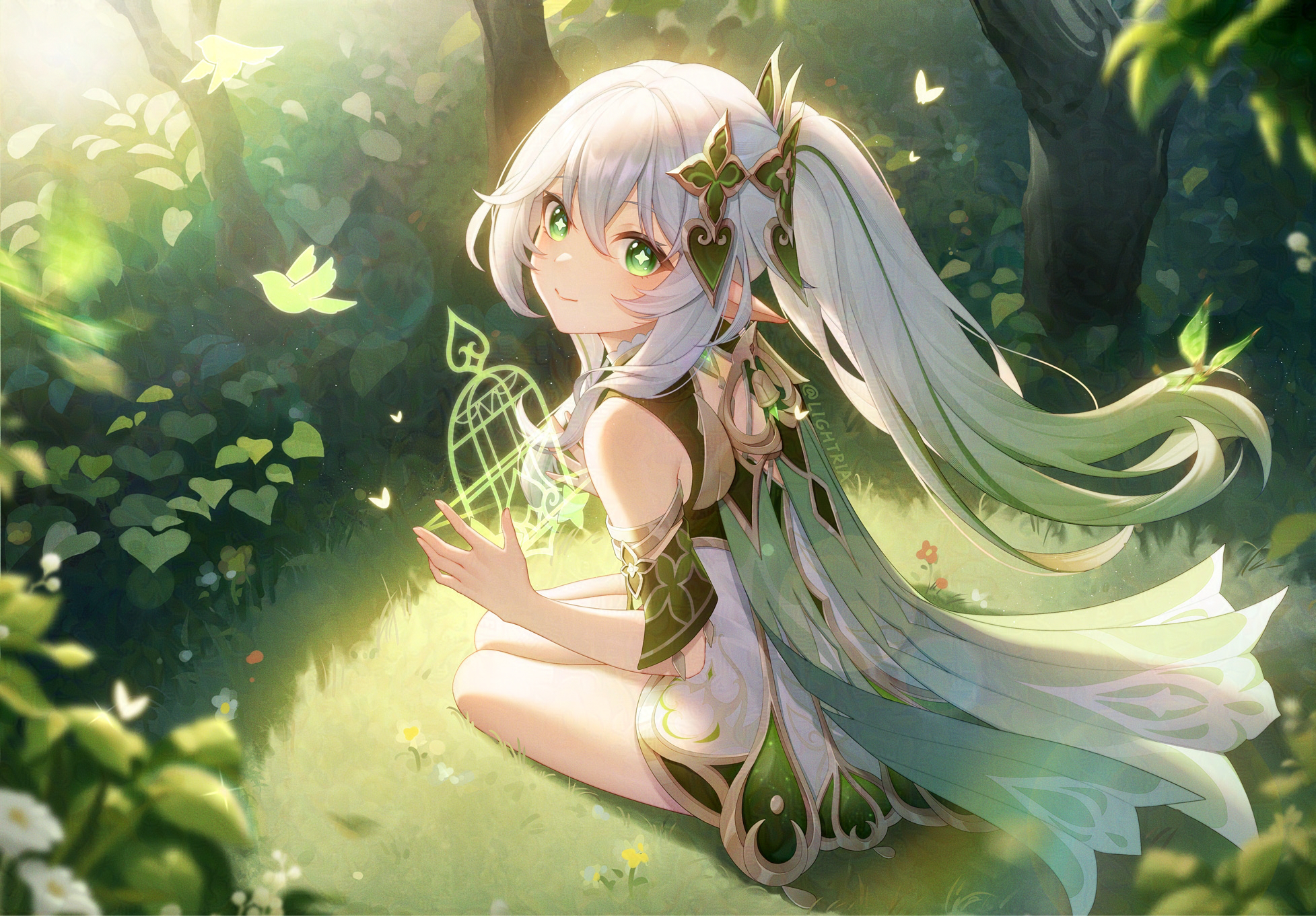 Anime 1955x1362 Genshin Impact anime Nahida (Genshin Impact) anime girls star eyes two tone hair gradient hair pointy ears sunlight leaves looking at viewer long hair trees hair blowing in the wind ponytail loli Lightria