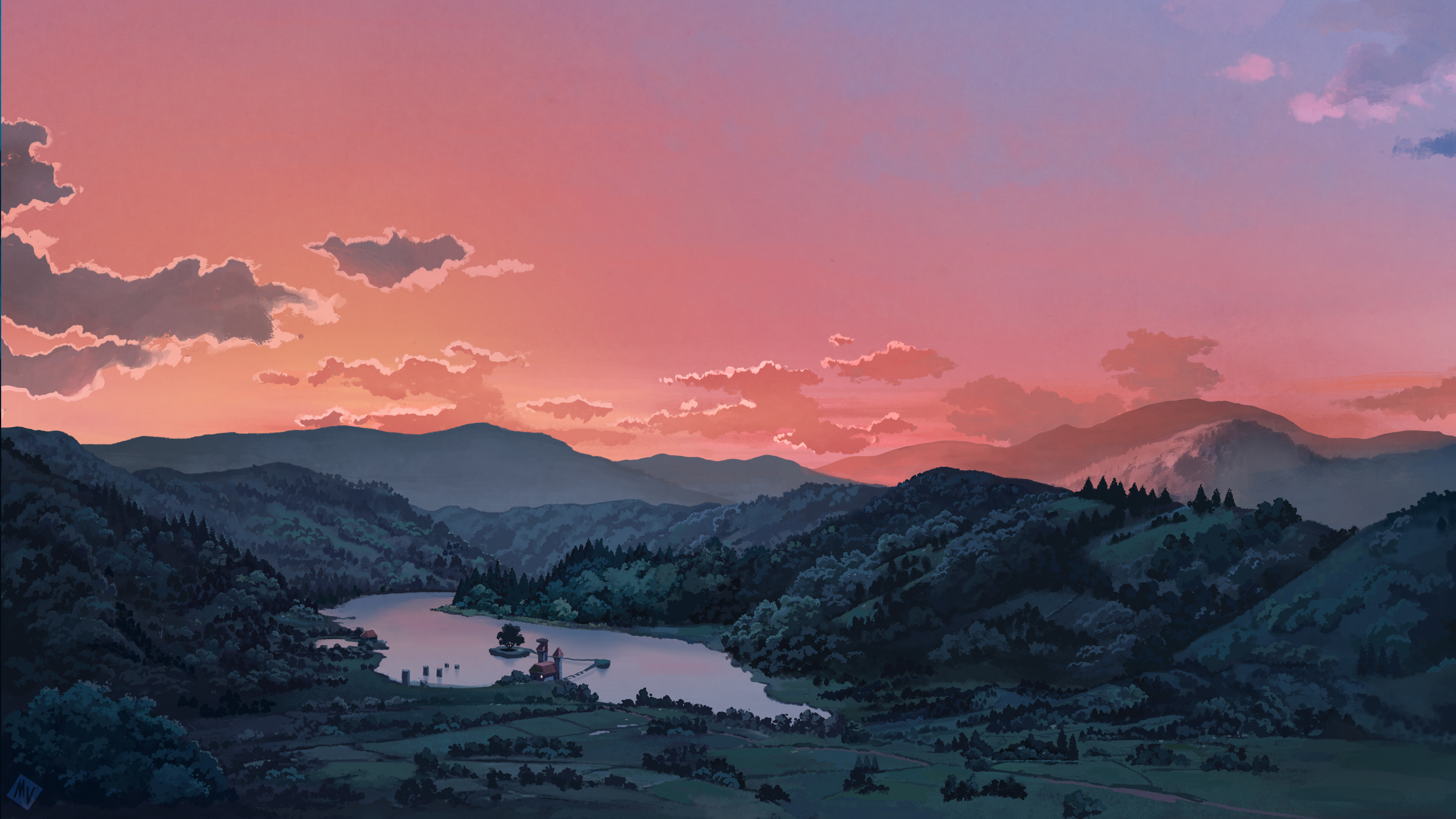 General 3840x2160 digital art artwork illustration clouds nature sky trees The Legend of Zelda forest sunset sunset glow mountains Matt Vince water lake