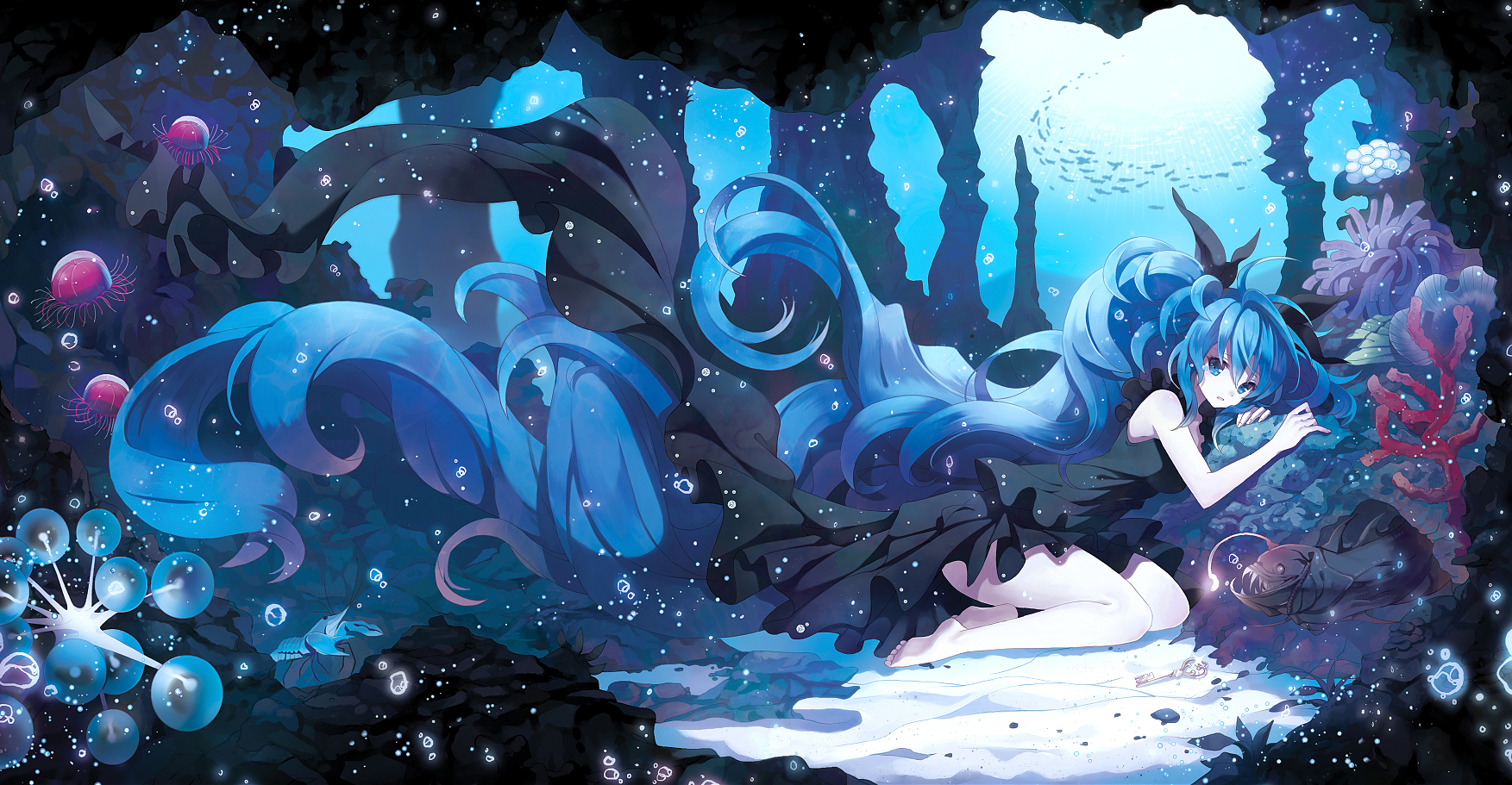 Anime 1753x911 Hatsune Miku anime Vocaloid anime girls blue hair blue eyes twintails long hair dress looking at viewer water underwater fish animals