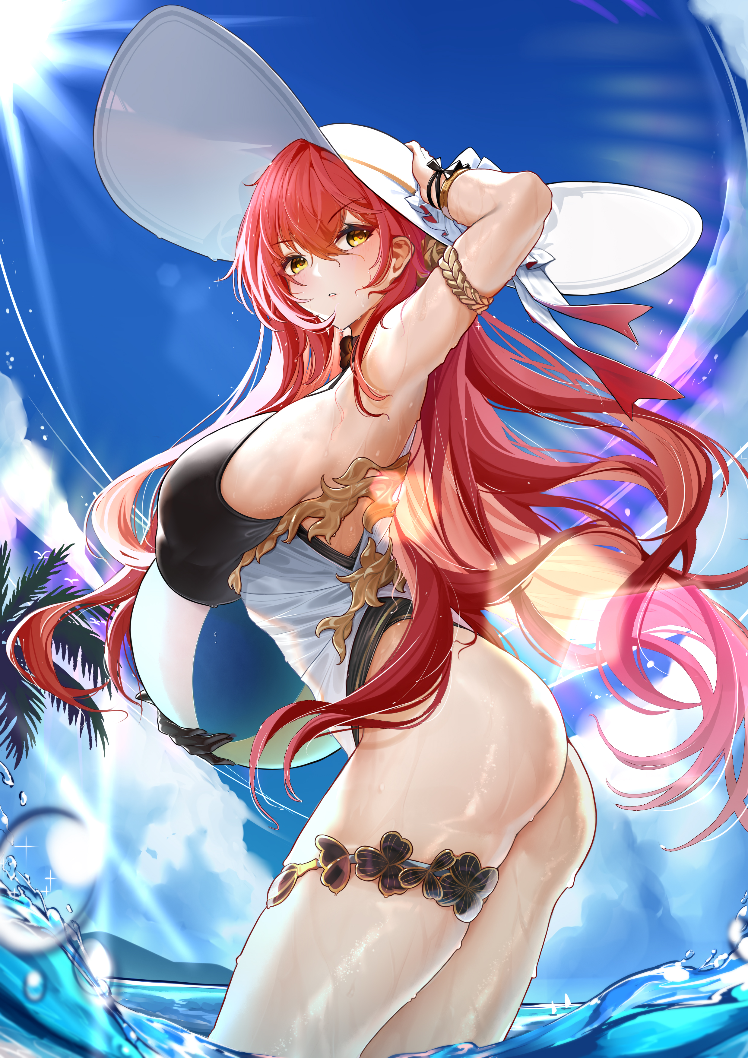 Anime 2480x3508 Honkai Impact wet body Honkai Impact 3rd water Murata Himeko armpits sea looking at viewer sky standing in water looking back gloves black gloves sunlight clouds portrait display na2cl palm trees wet yellow eyes one-piece swimsuit ass sideboob big boobs thick thigh wet swimsuit redhead sun hats hat thigh strap lens flare jewelry blushing one arm up beach ball armlet bracelets waves swimwear water drops long hair