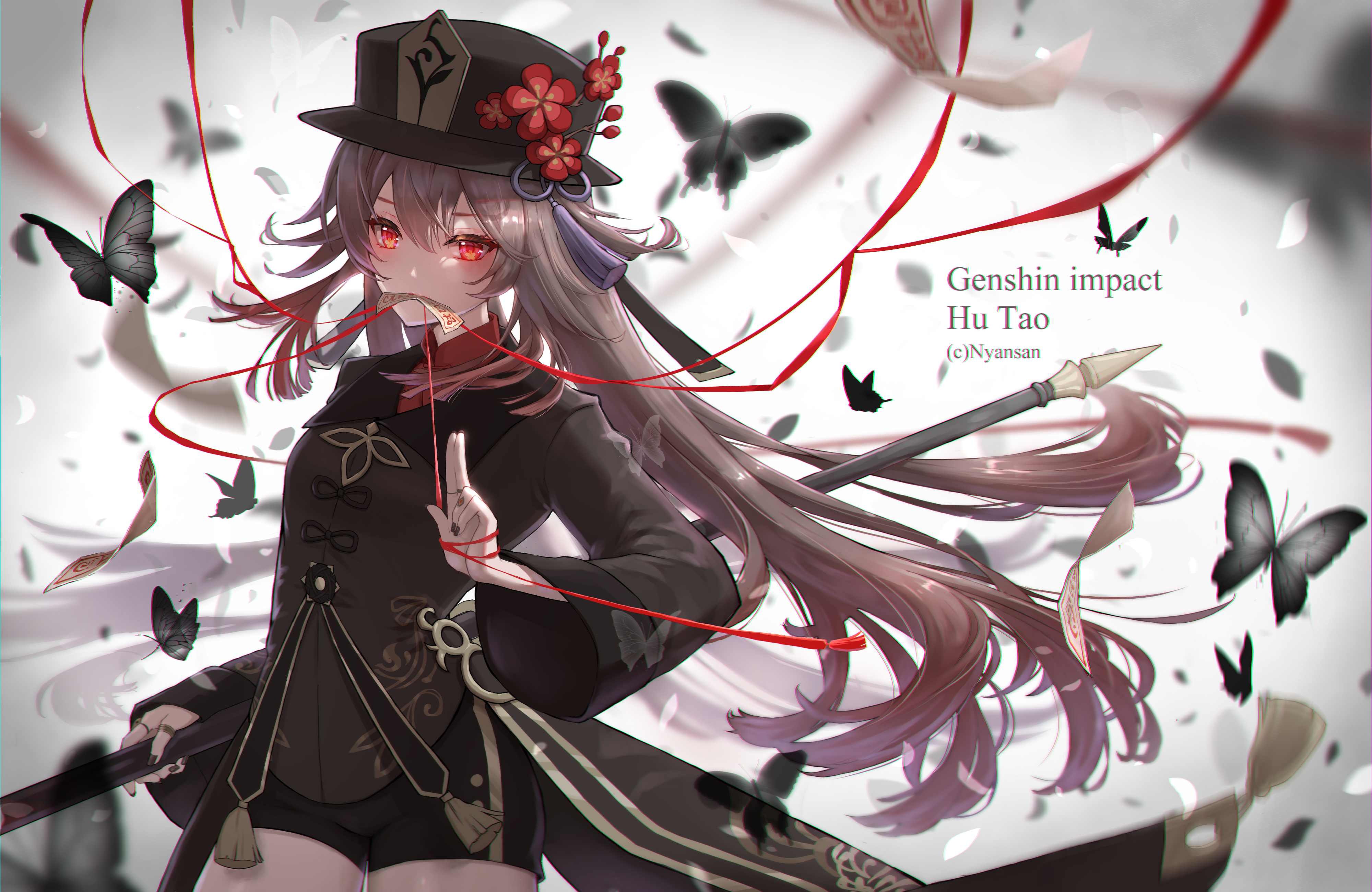 Anime 4000x2600 anime anime girls Genshin Impact Hu Tao (Genshin Impact) long hair hat butterfly standing looking at viewer petals watermarked insect