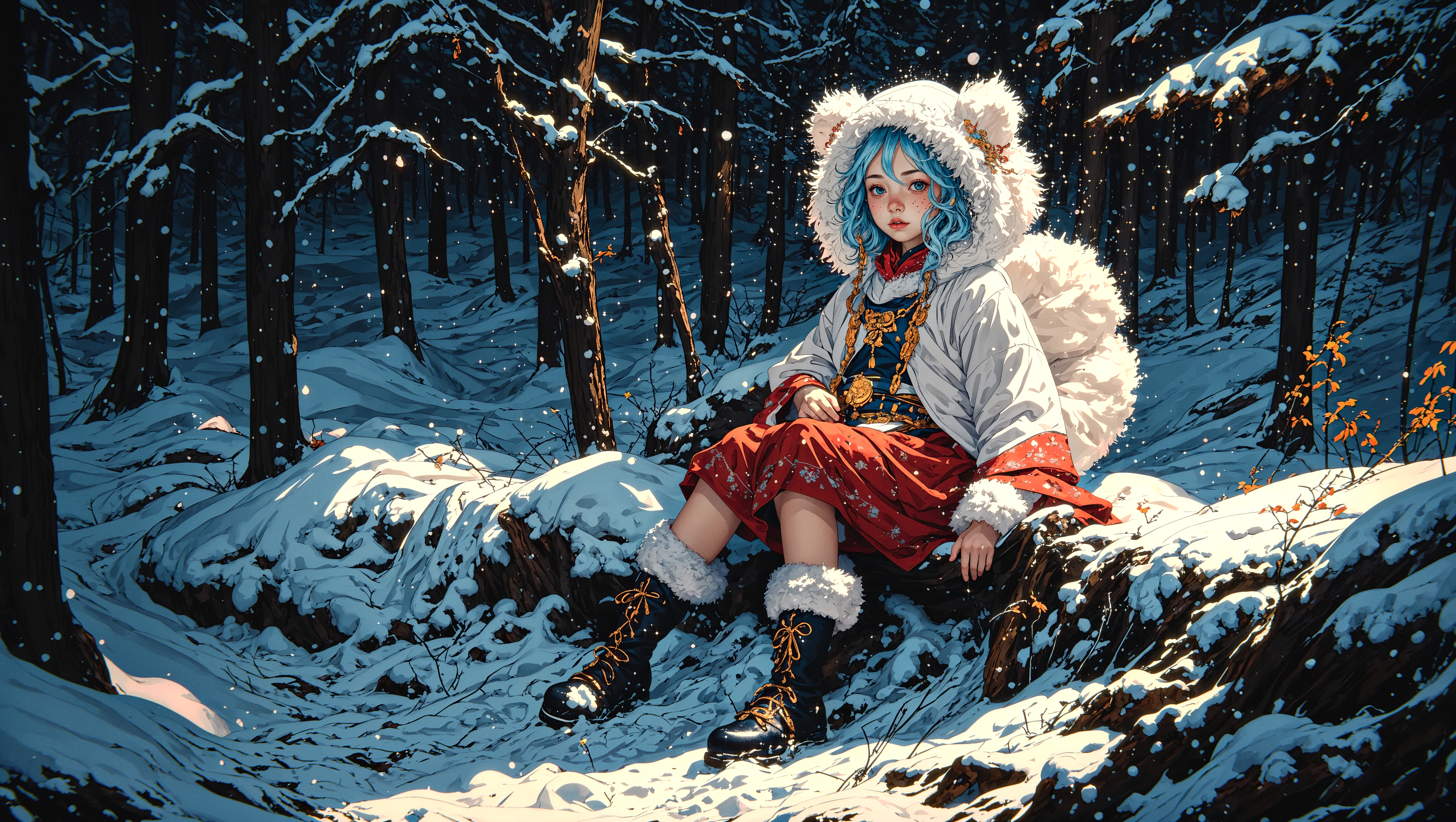 Anime 5120x2891 snow women blue hair fur trim forest Ethnic Dress AI art Asian looking at viewer trees sitting long hair winter sunlight digital art antlers_anon