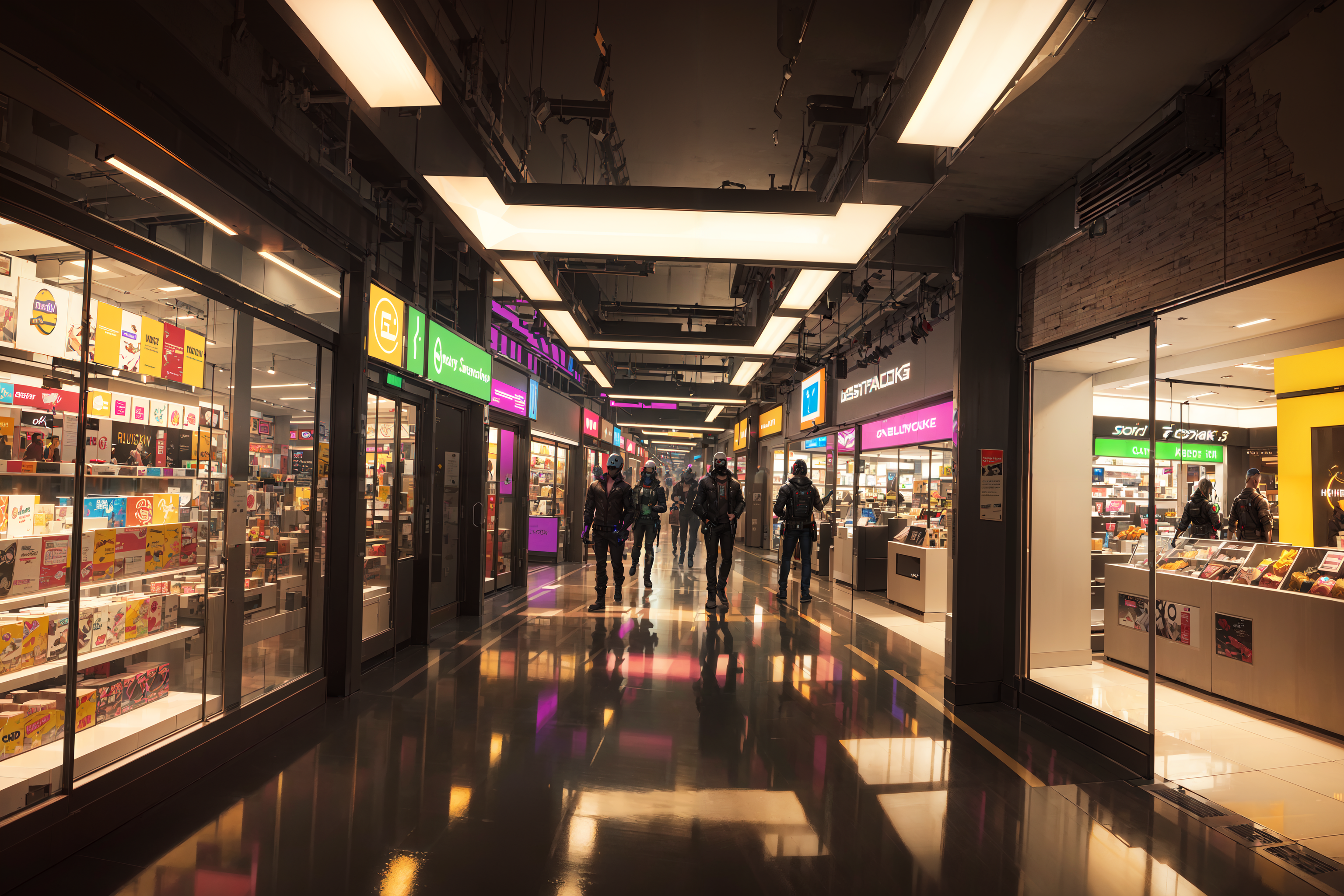 General 3072x2048 AI art Stable Diffusion cyberpunk neon street art shopping mall interior reflection people lights mall sign