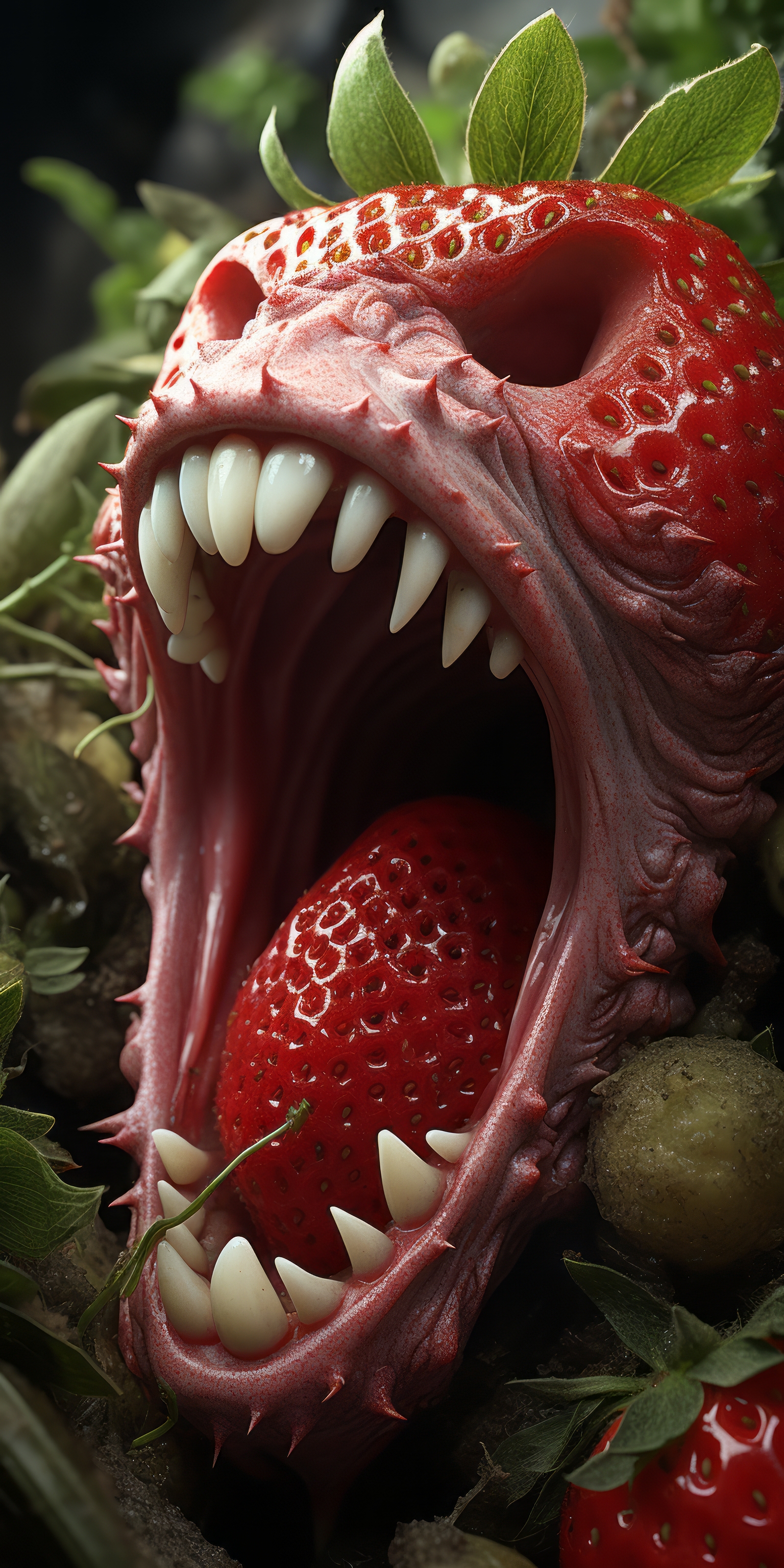 General 1536x3072 AI art portrait display illustration surreal retouching angry strawberries WTF teeth digital art fruit