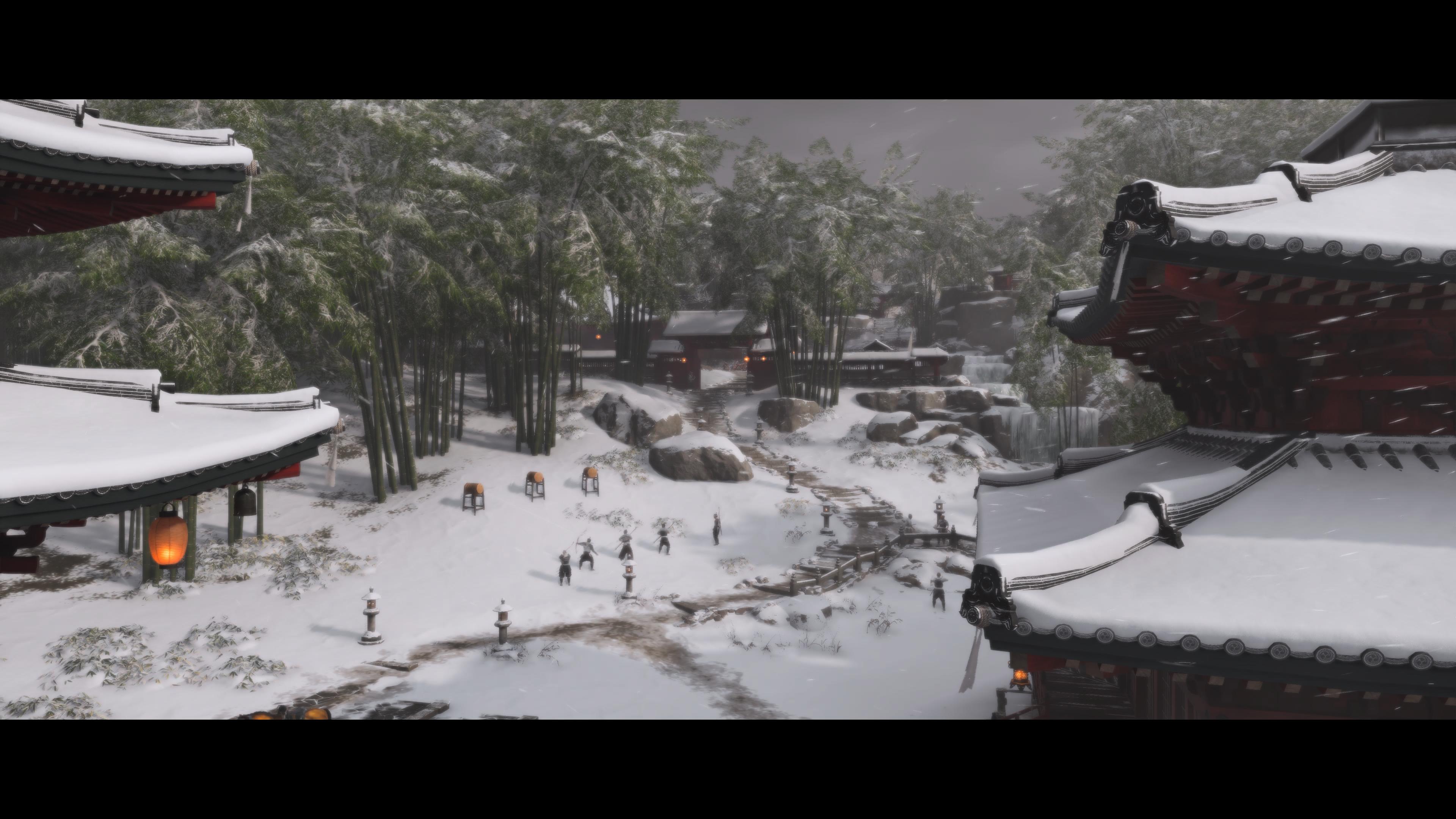 General 3840x2160 Ghost of Tsushima  PlayStation video games snow trees building people video game art Sucker Punch Productions