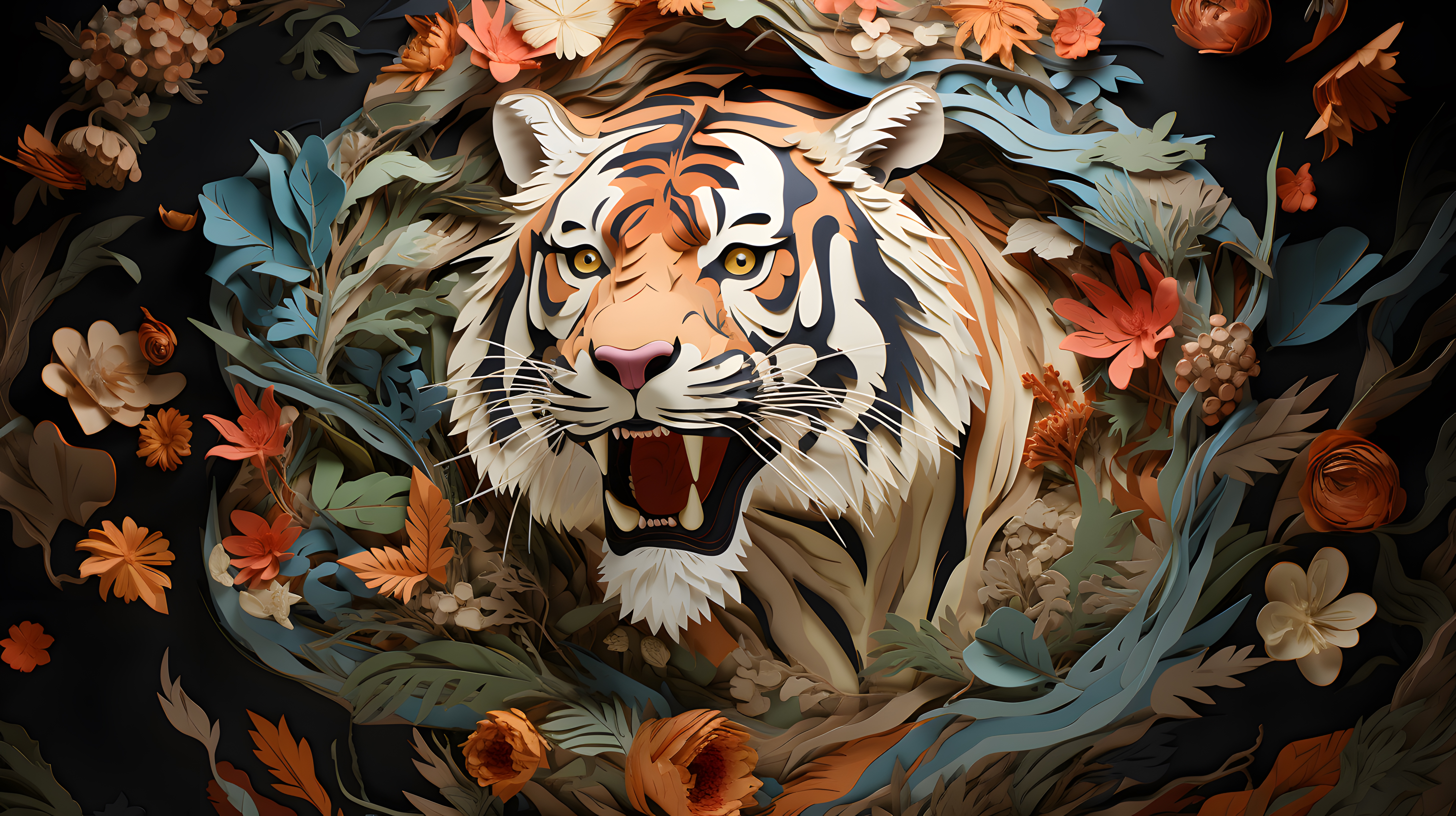 General 5824x3264 AI art paper cutout tiger flowers animals looking at viewer fangs digital art pointy teeth leaves