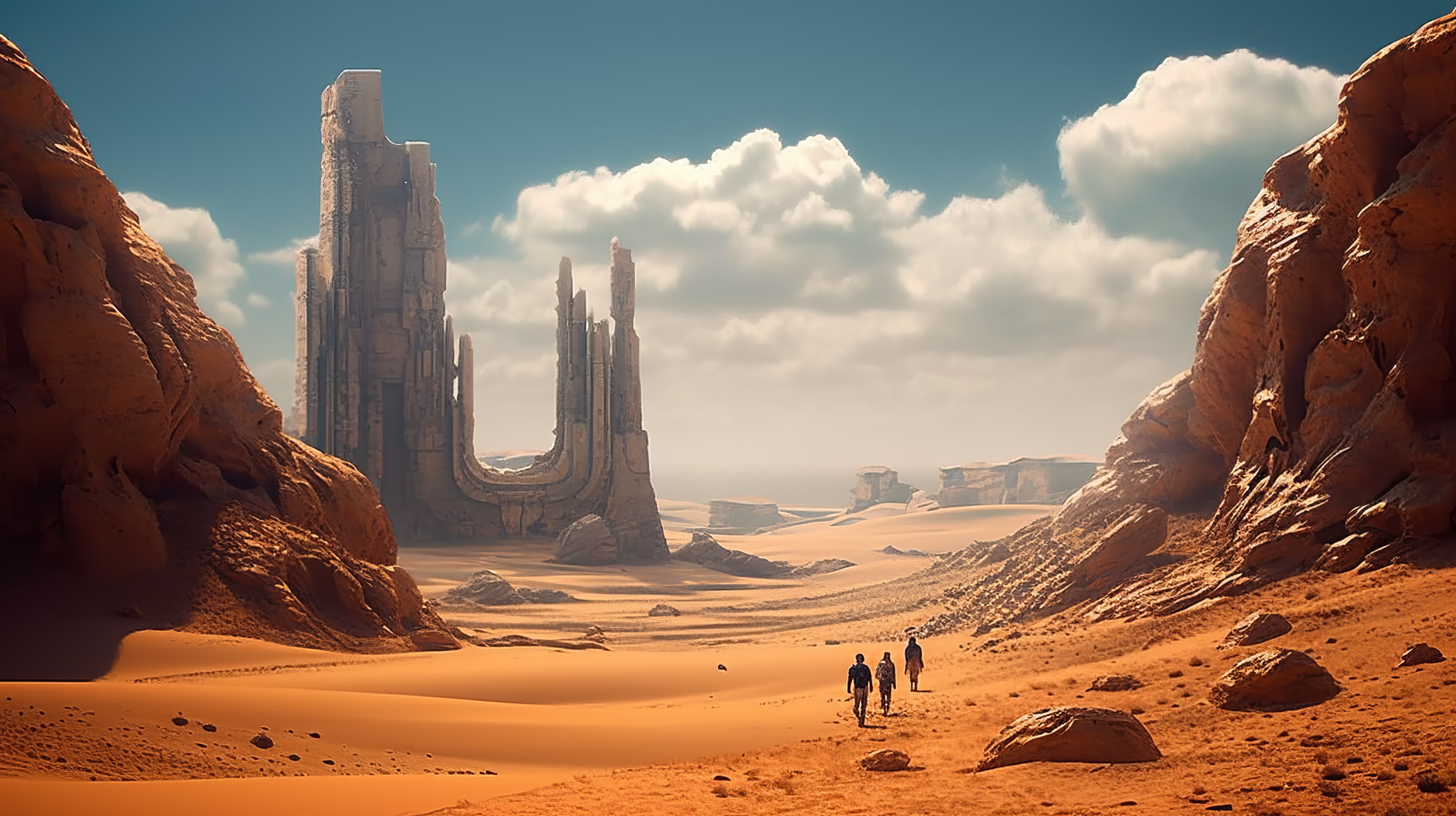 General 2912x1632 AI art landscape science fiction desert ruins walking sky clouds rocks