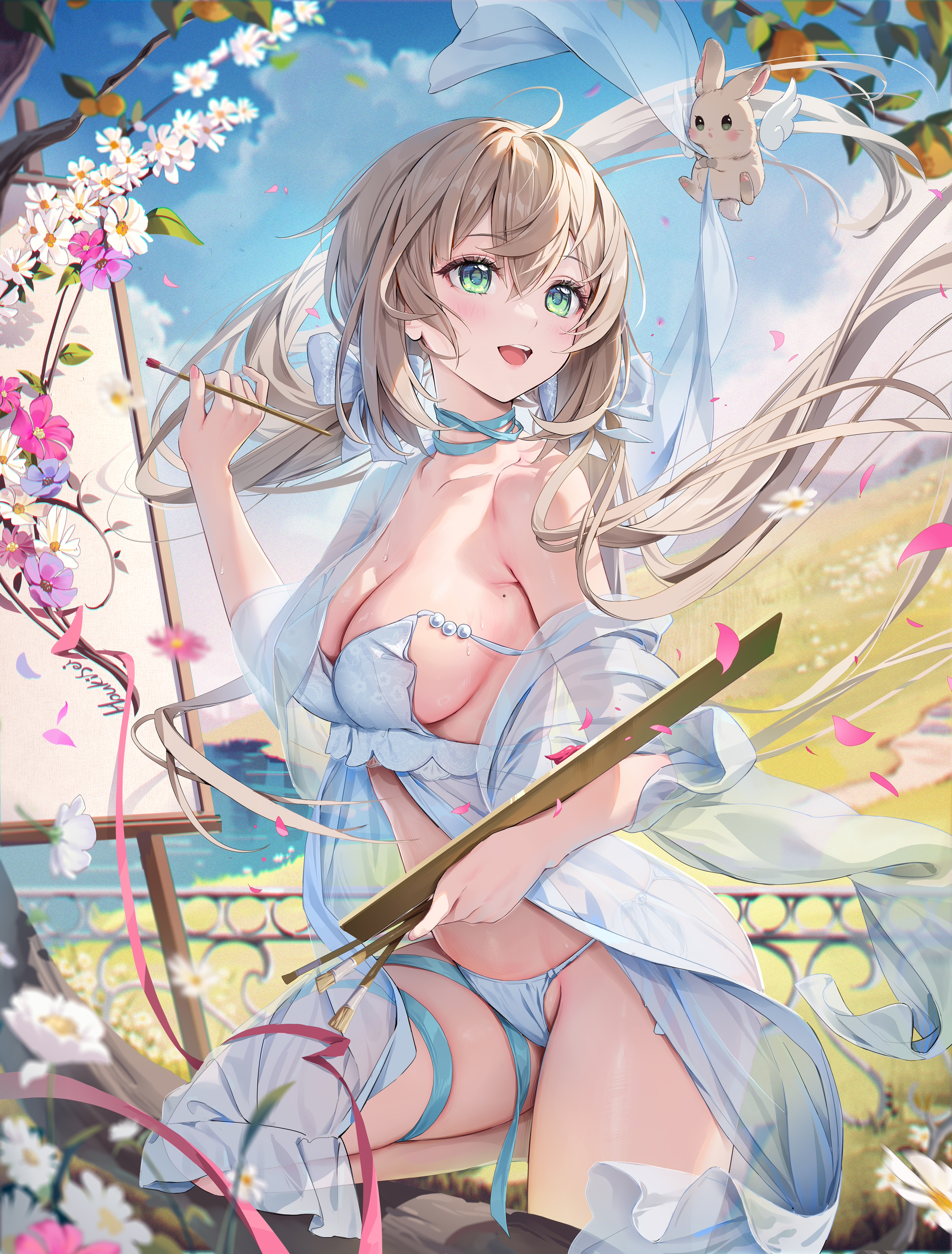 Anime 2278x3000 anime girls big boobs cleavage portrait display flowers looking away white clothing petals ahoge twintails sky moles bare shoulders long hair green eyes blushing painting creature blonde Houkiboshi smiling canvas open mouth palette animals thighs leaves mole on breast branch paint brushes clouds