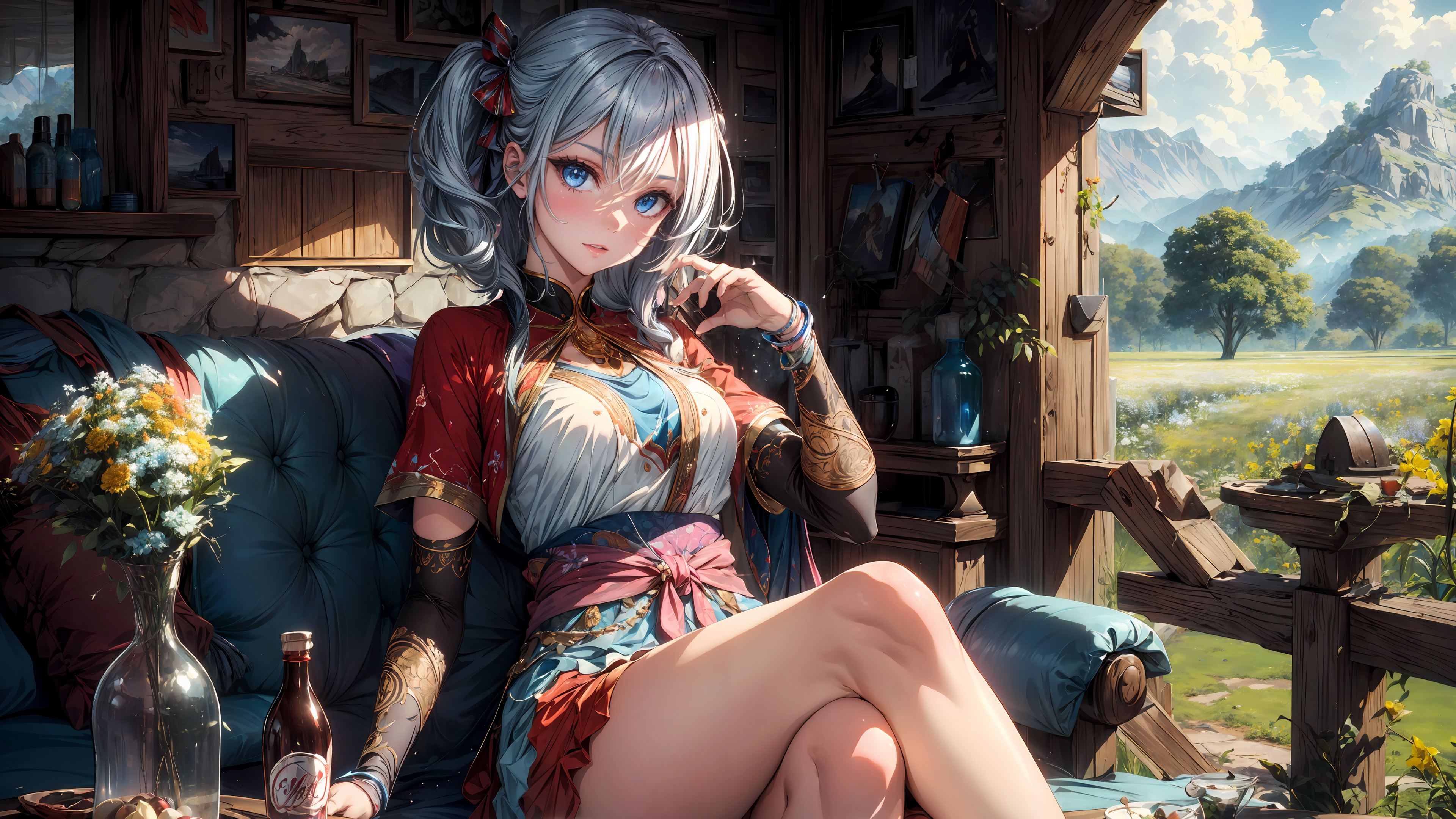 Anime 3840x2160 AI art anime women blue eyes white hair dress short hair thighs knees sitting looking at viewer legs crossed calm colorful comforting 4K Stable Diffusion photopea DeviantArt anime girls flowers clouds mountains couch