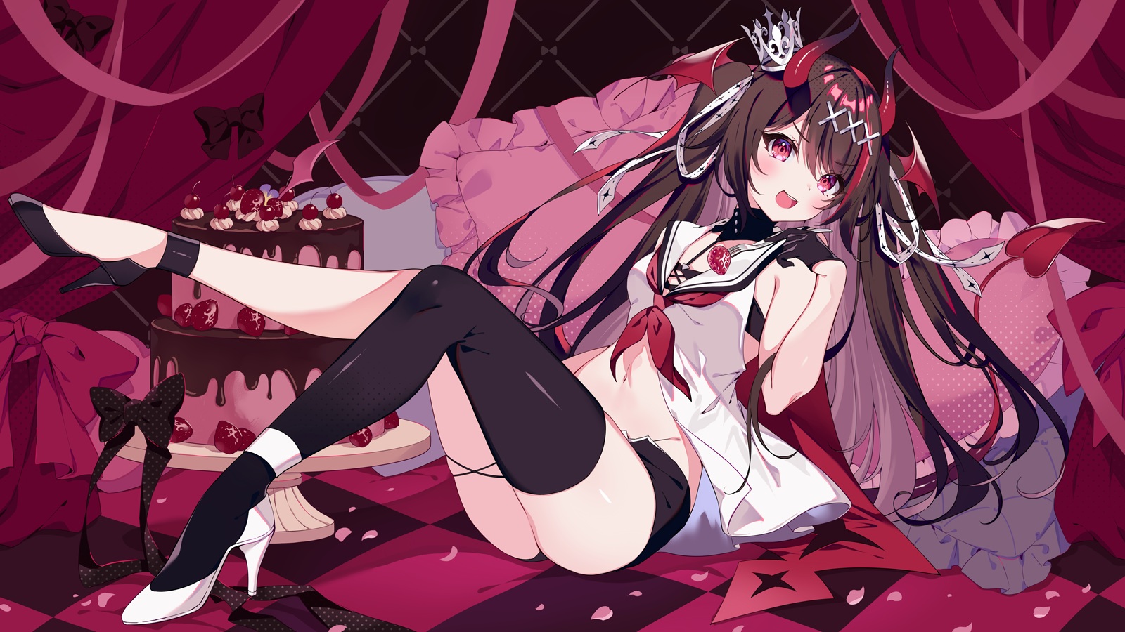 Anime 1600x900 anime anime girls long hair demon horns horns heels petals checkered cake strawberries bow tie pillow gloves belly button demon tail demon girls crown fork looking at viewer sweets blushing