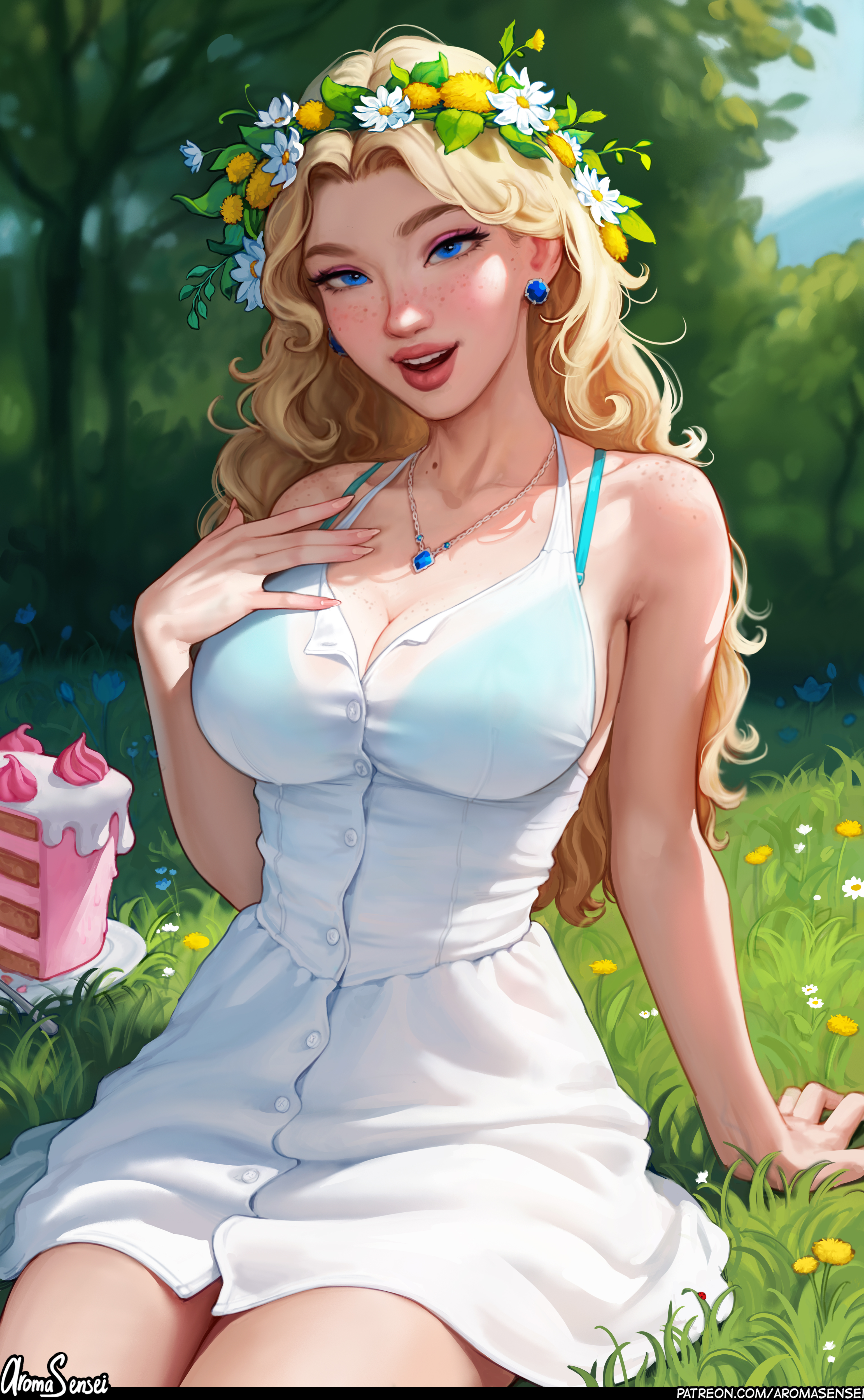 General 3085x5000 Haley (Stardew Valley) Stardew Valley video games video game girls video game characters artwork drawing fan art Aroma Sensei portrait display grass flower in hair necklace cake sweets smiling looking at viewer sunlight big boobs sitting long hair earring watermarked signature trees cleavage see-through clothing