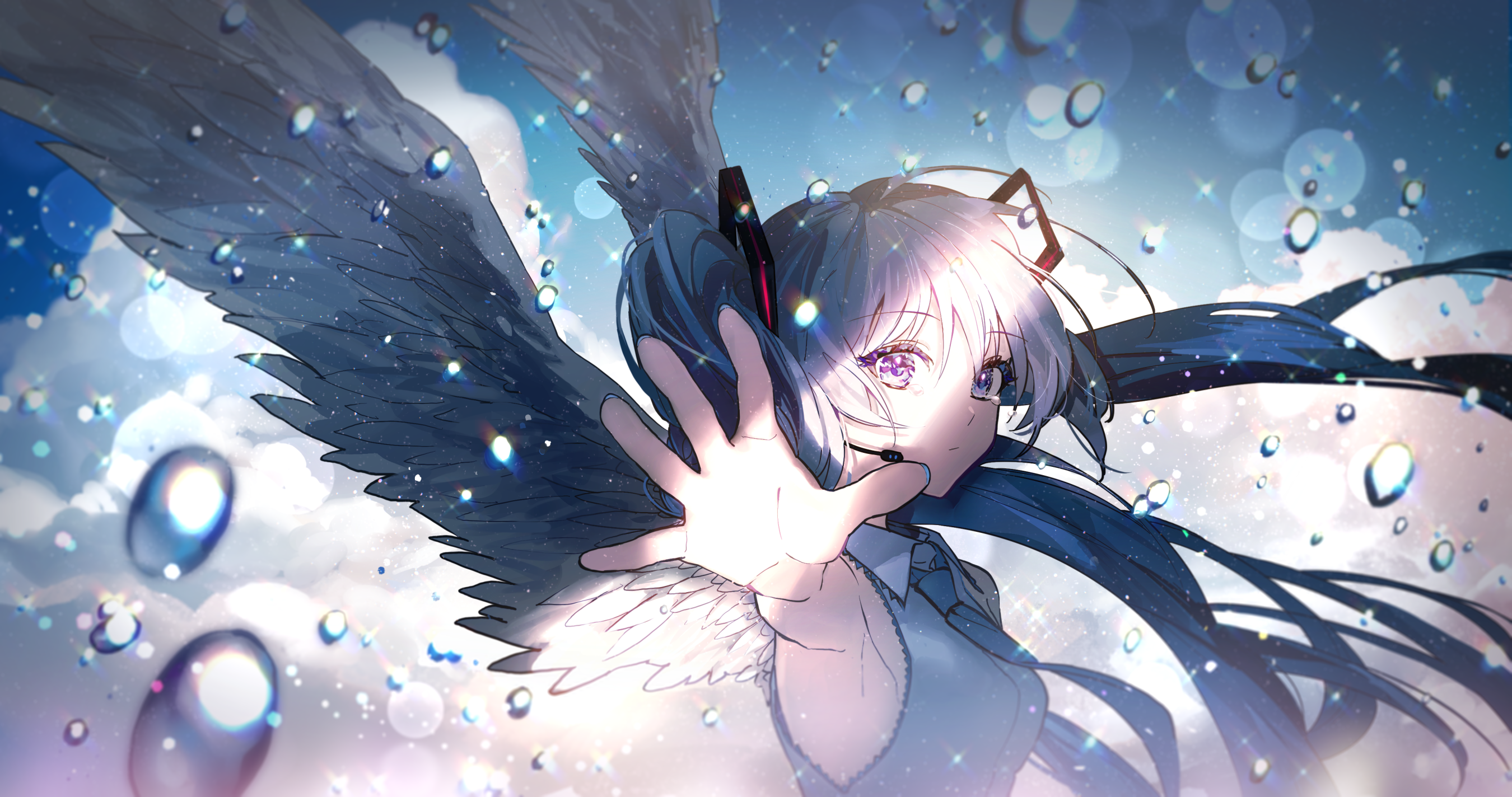 Anime 2700x1424 Hatsune Miku anime Vocaloid anime girls wings water drops looking at viewer twintails long hair arms reaching blue hair blue eyes